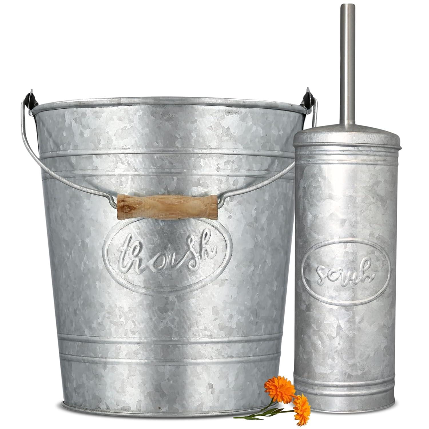 Galvanized Steel Rustic Bathroom Trash Can and Toilet Brush Set