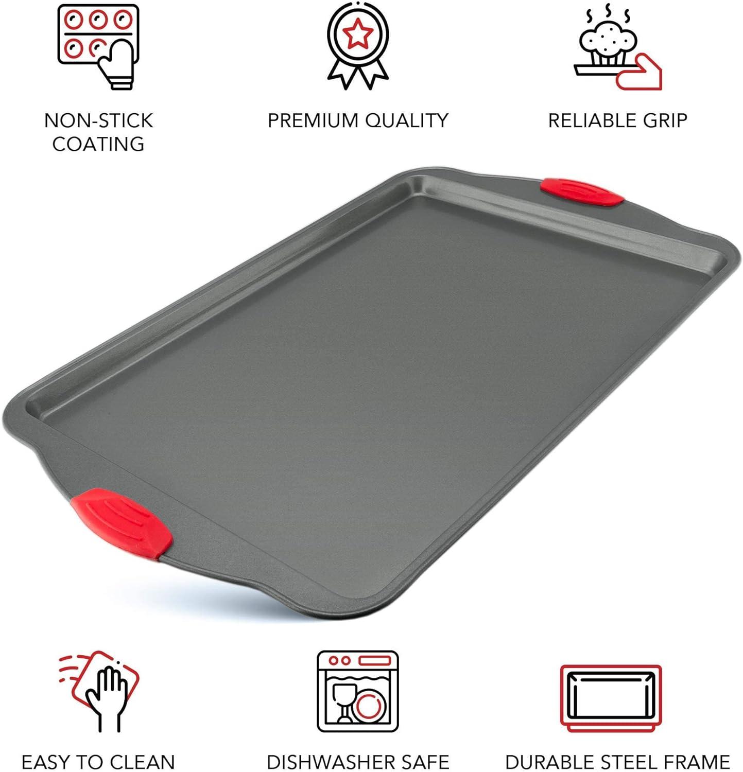 Heavy-Duty Nonstick Gray Sheet Pans with Red Silicone Grips