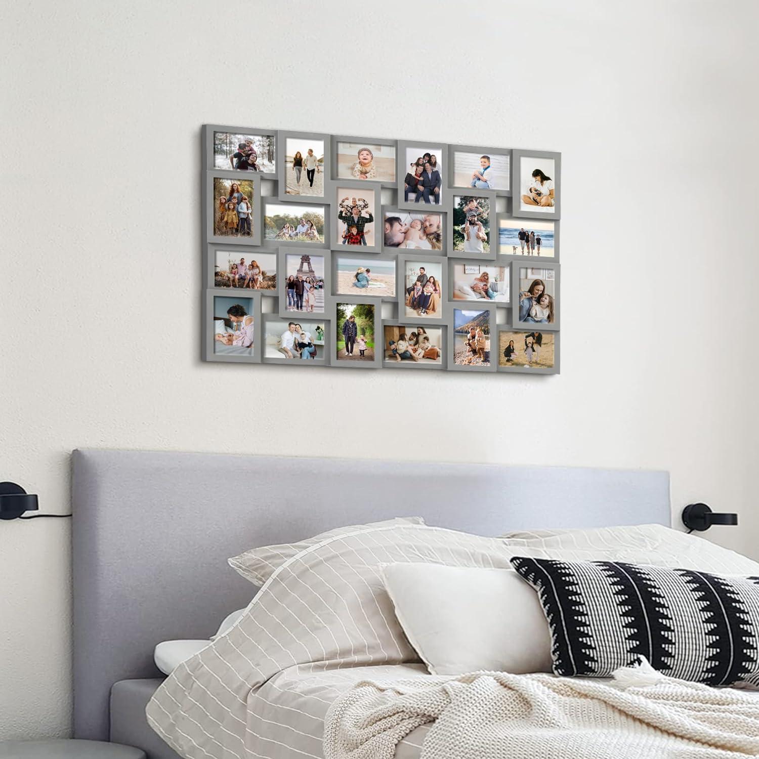 J.M.Deco Collage Picture Frames for Wall 24 Slots, Reunion Friends Family Memory Large Photo Frame Selfie Gallery Puzzle Collage Wall Hanging for 4x6 Photo | Grey
