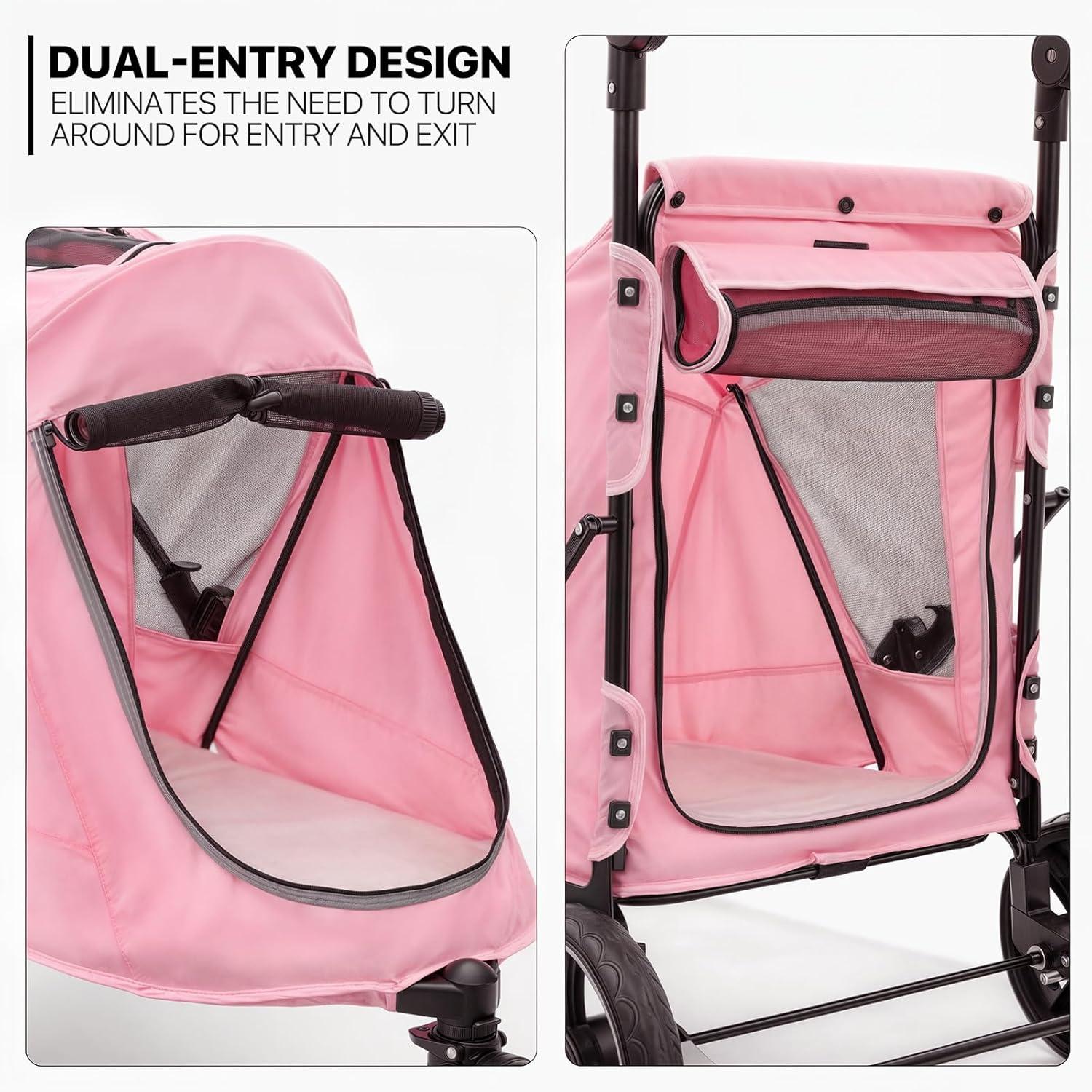 MoNiBloom Folding 3 Wheel Pet Stroller, Foldable Dog Jogger Stroller with Adjustable Handlebar and Mesh Window