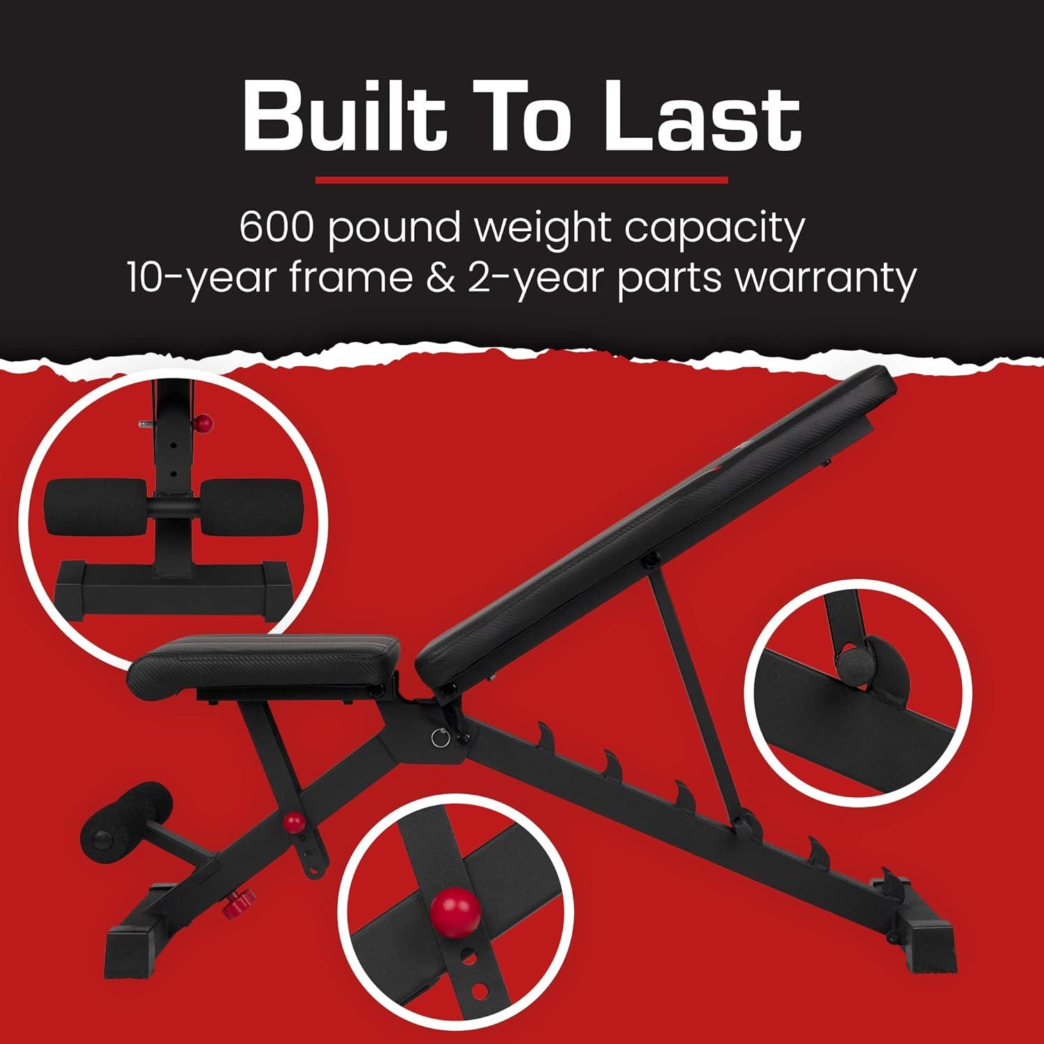 Adjustable Bench By Core Home Fitness, Foldable Weight Bench, Incline/Decline/Flat Bench, 7 Back Adjustments, Adjustable Seat, Black/Red (51MAB)