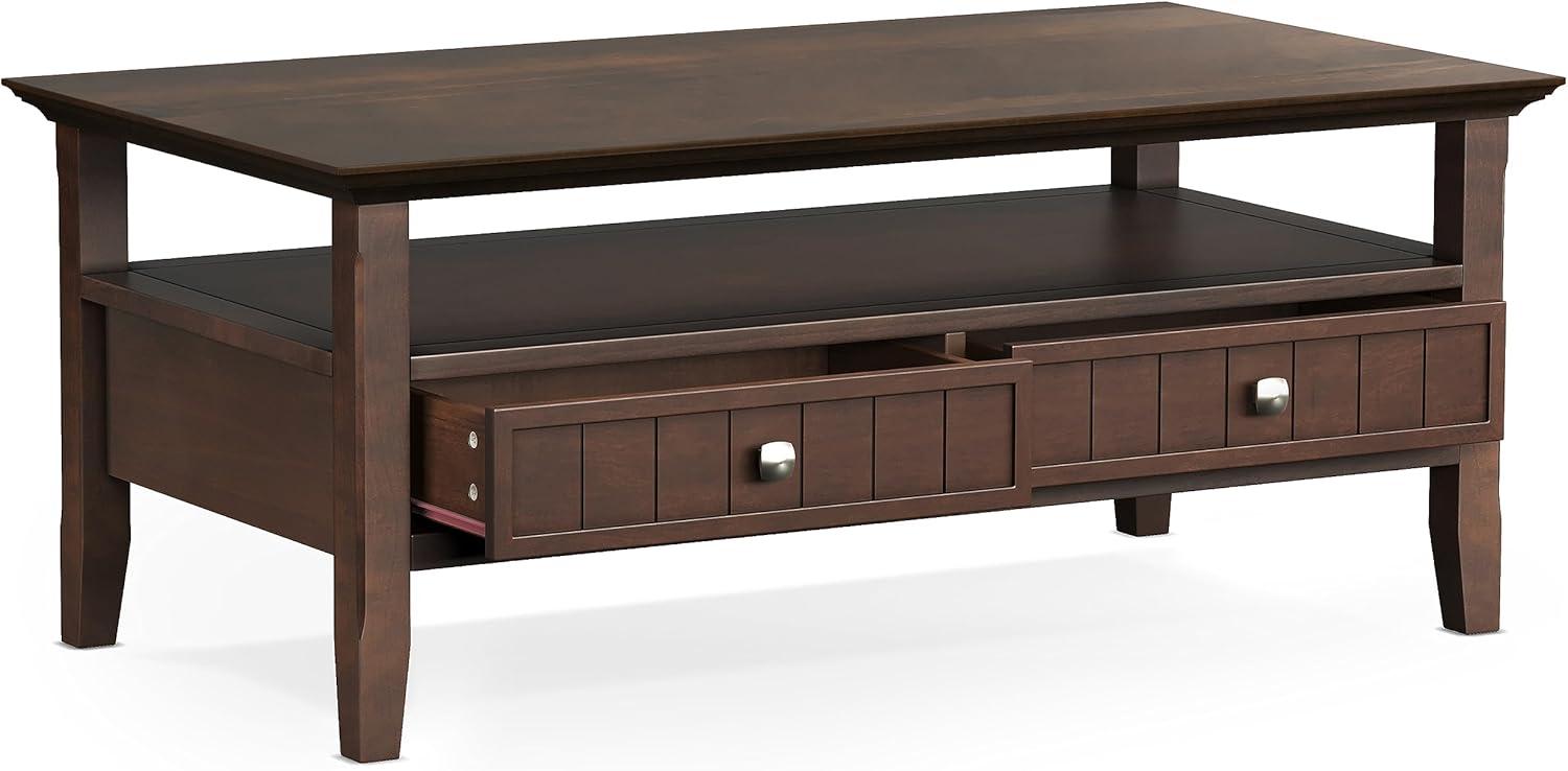 Simpli Home Acadian SOLID WOOD 48 inch Wide Rectangle Transitional Coffee Table with Drawer in Brunette Brown