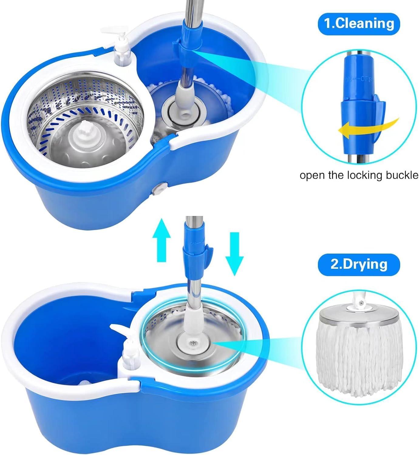 Spin Mop and Bucket with Wringer Set,360°Spin Mop & Bucket Floor Cleaning System Mop Bucket with 61" Adjustable Extended Handle 3 Microfiber Replacement Head Refills