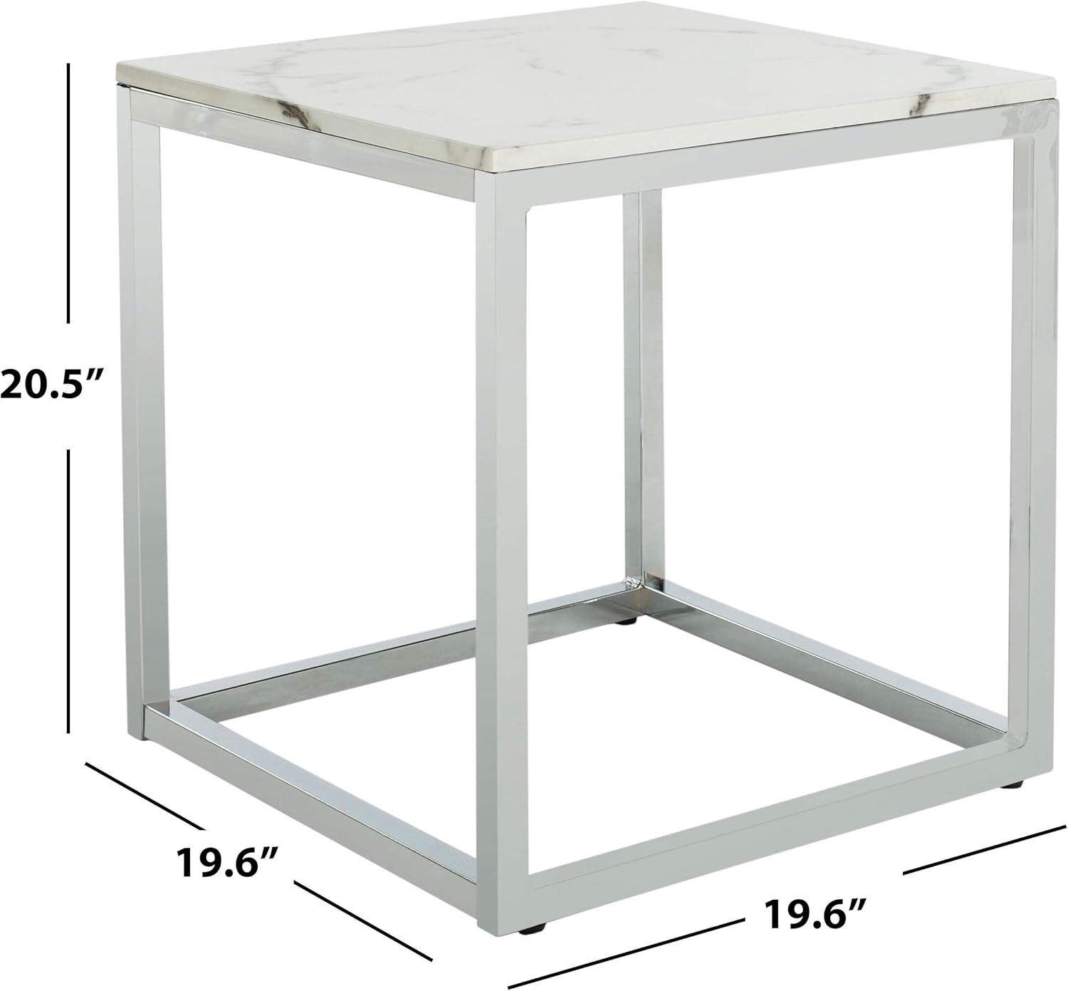 SAFAVIEH Bethany Square Modern Glam End Table, White Marble/Chrome