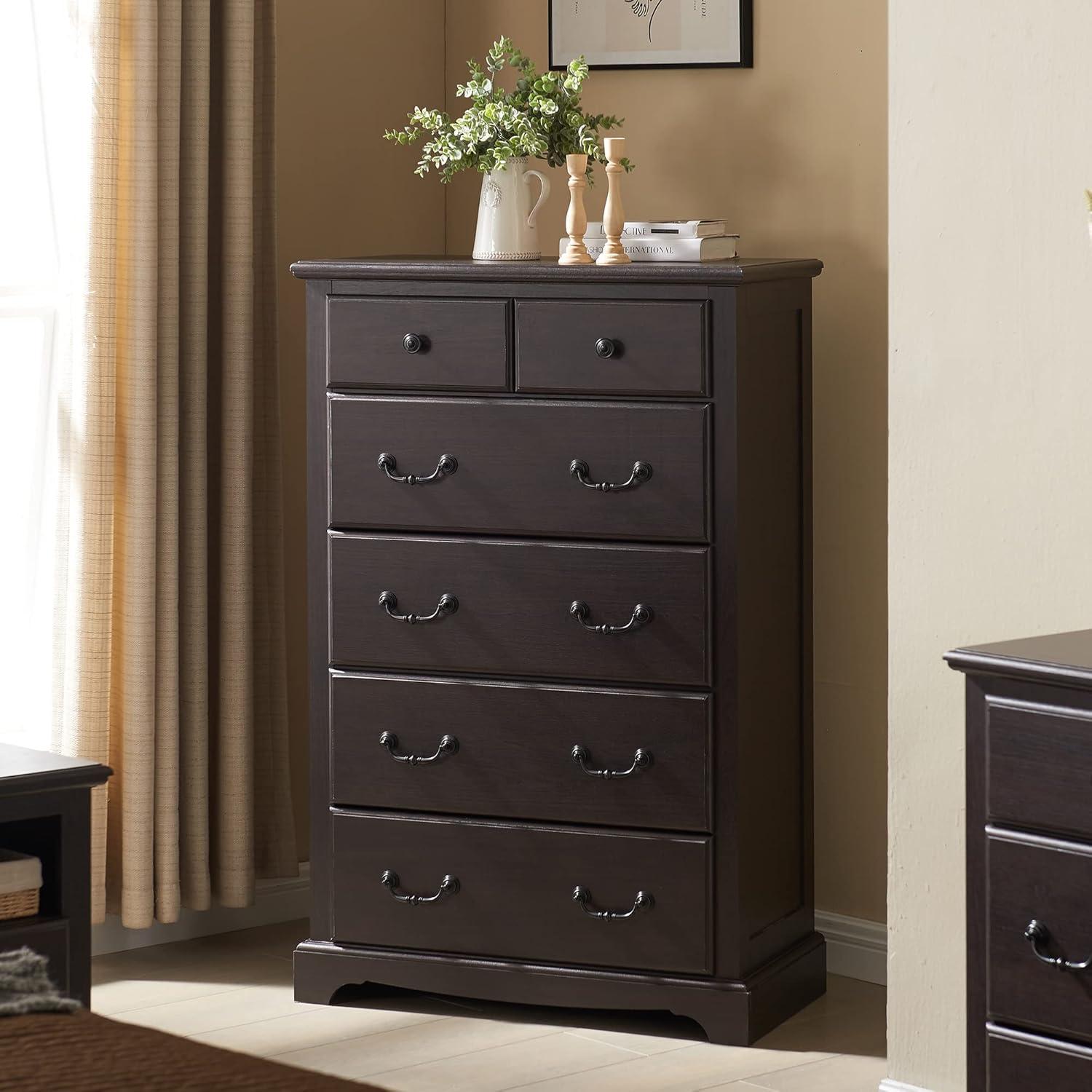 Espresso 48" Tall Rustic 6-Drawer Wood Dresser