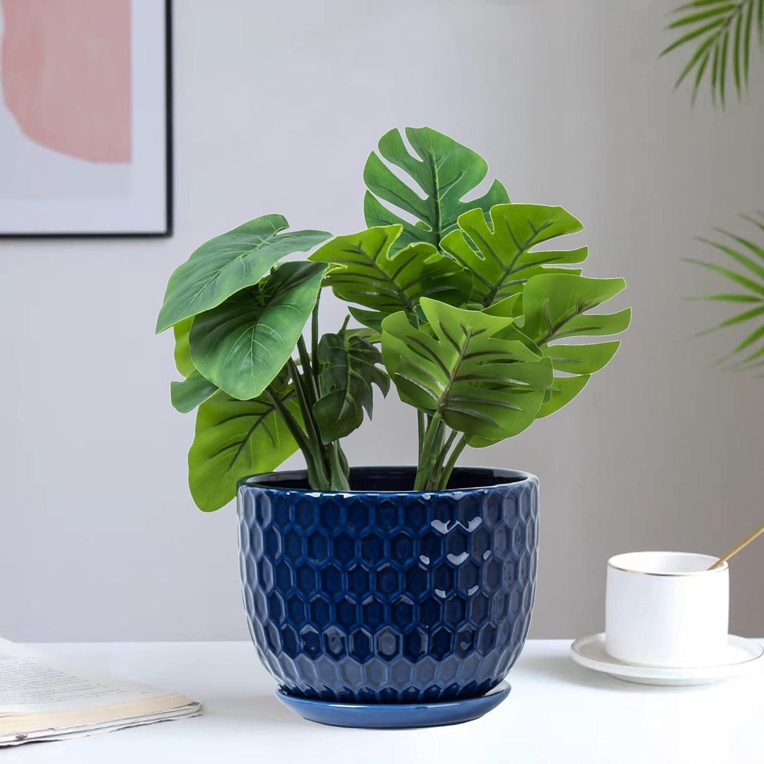 Navy Blue Ceramic Round Planters with Drainage Hole and Saucer, Set of 3