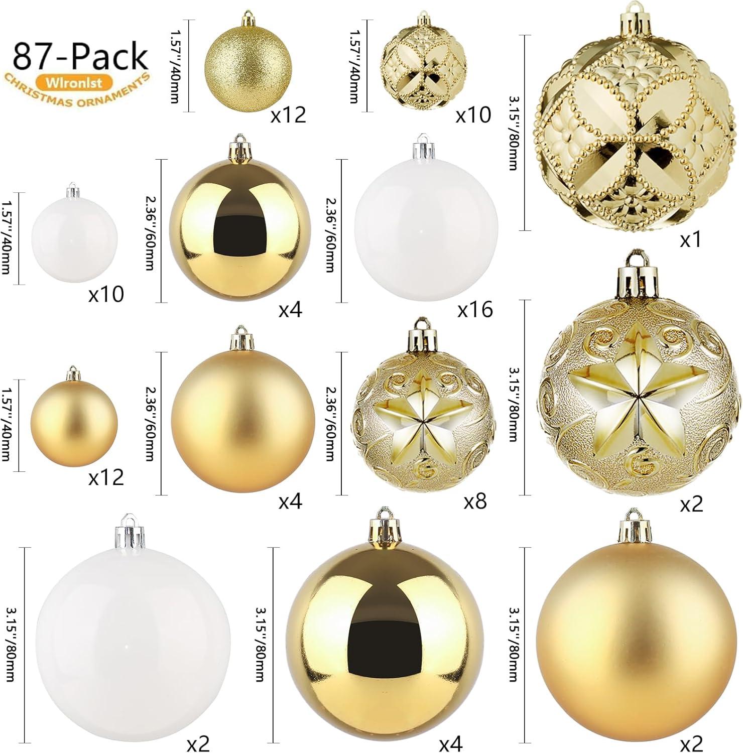 87-Pack Gold and White Shatterproof Plastic Christmas Ornaments Set