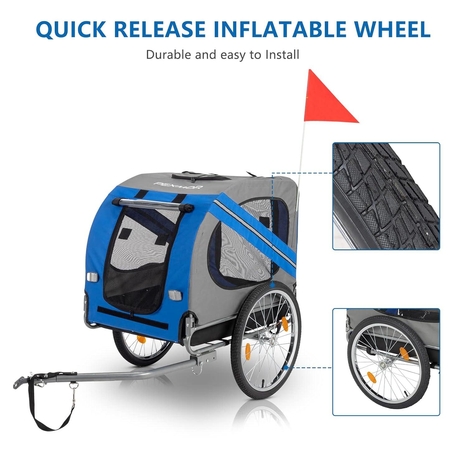 PEXMOR Dog Bike Trailer,Dog Trailer Pet Cart for Bicycle w/Universal Hitch & Quick Release 20" Wheels, Folding Bike Wagon Cargo Carrier for Dog Large Capacity w/3 Entrances & Safety Reflectors Flag