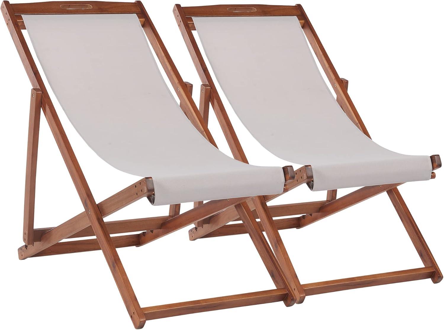 FDW Beach Sling Patio Chair for Relaxing, Foldable with Adjustable Height Made from Eucalyptus Wood with White Polyester,Khaki