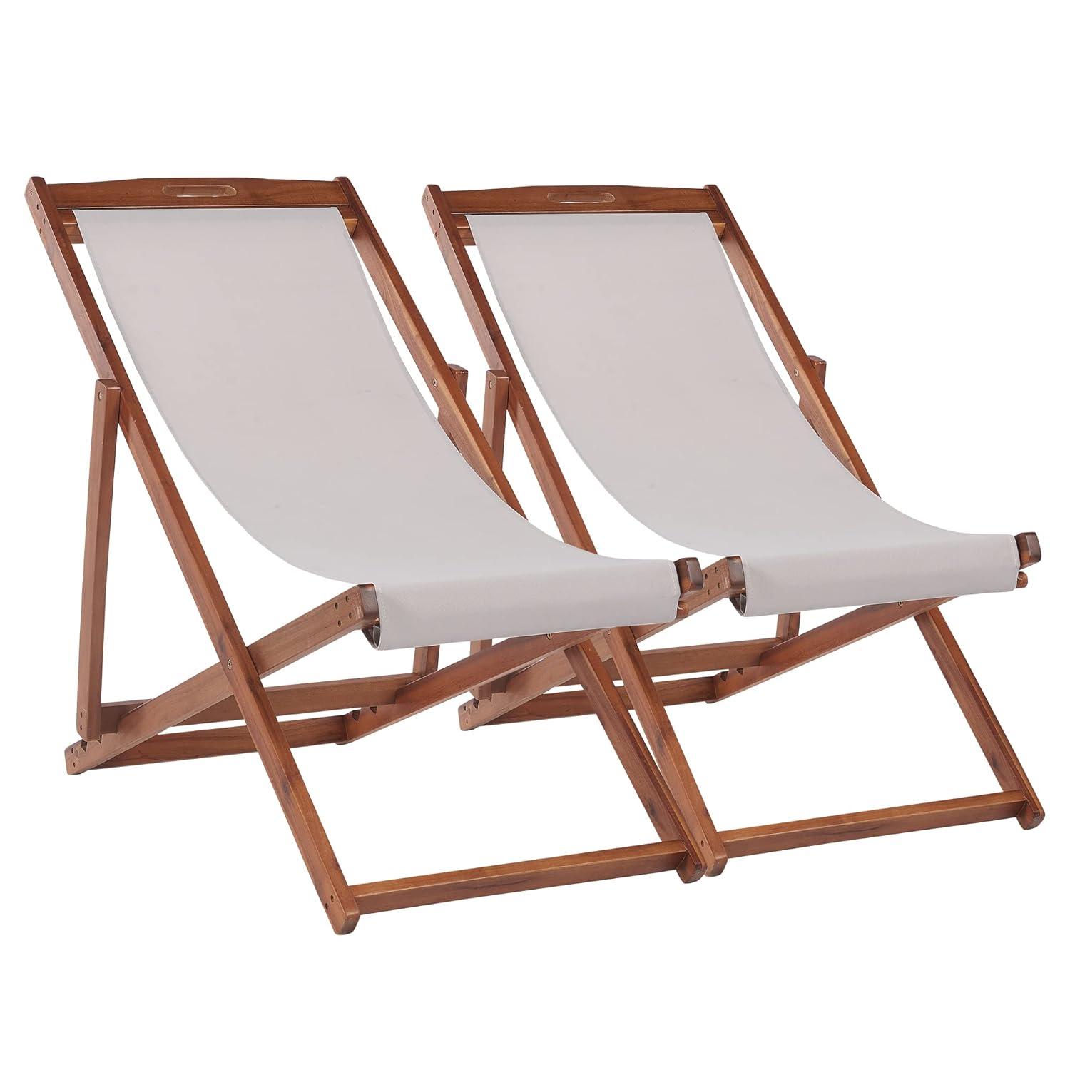 FDW Beach Sling Patio Chair for Relaxing, Foldable with Adjustable Height Made from Eucalyptus Wood with White Polyester,Khaki