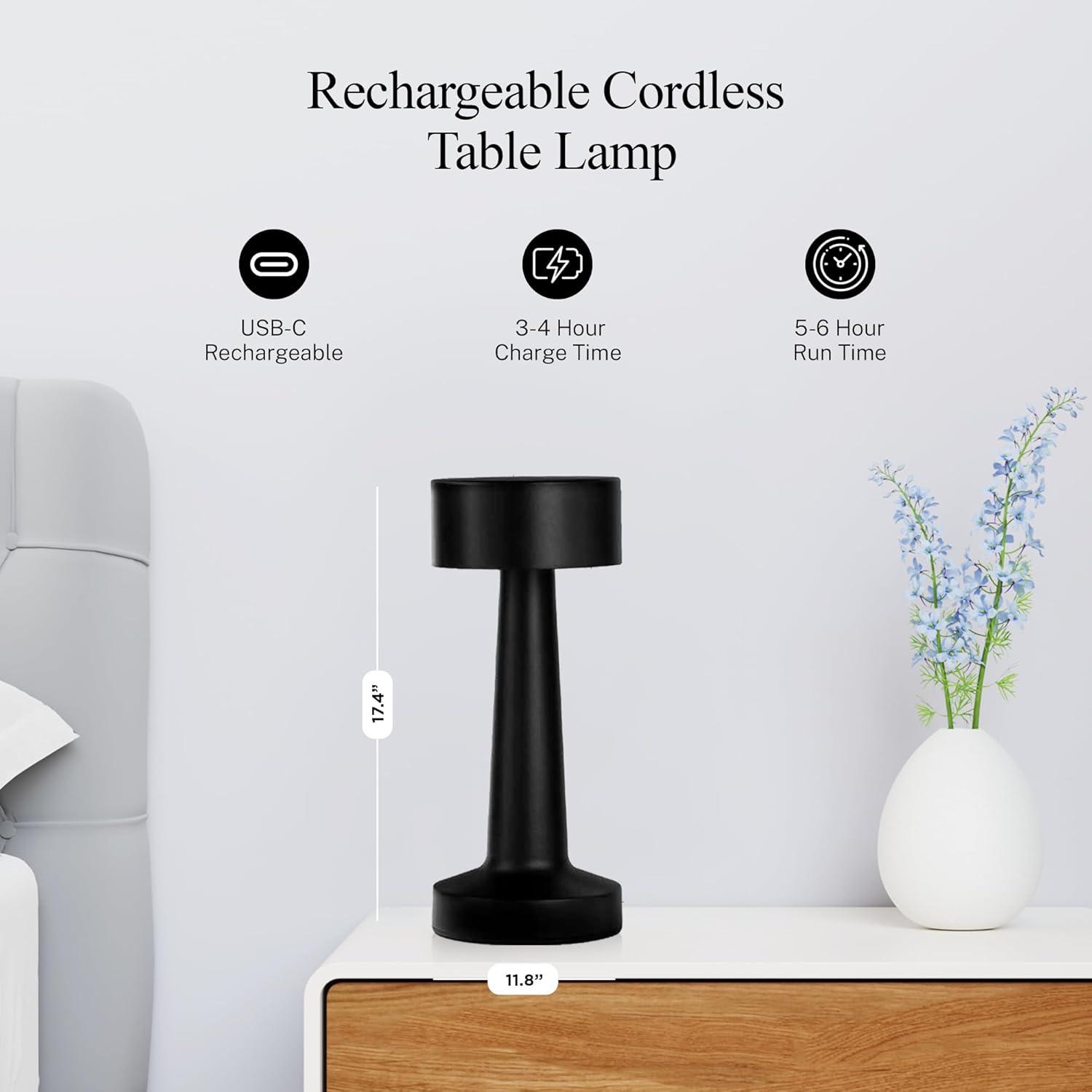Bell + Howell Chelsea Table Lamp Small Cordless Touch LED Rechargeable Lamp for Bedside Desk Nightstand Midnight Black
