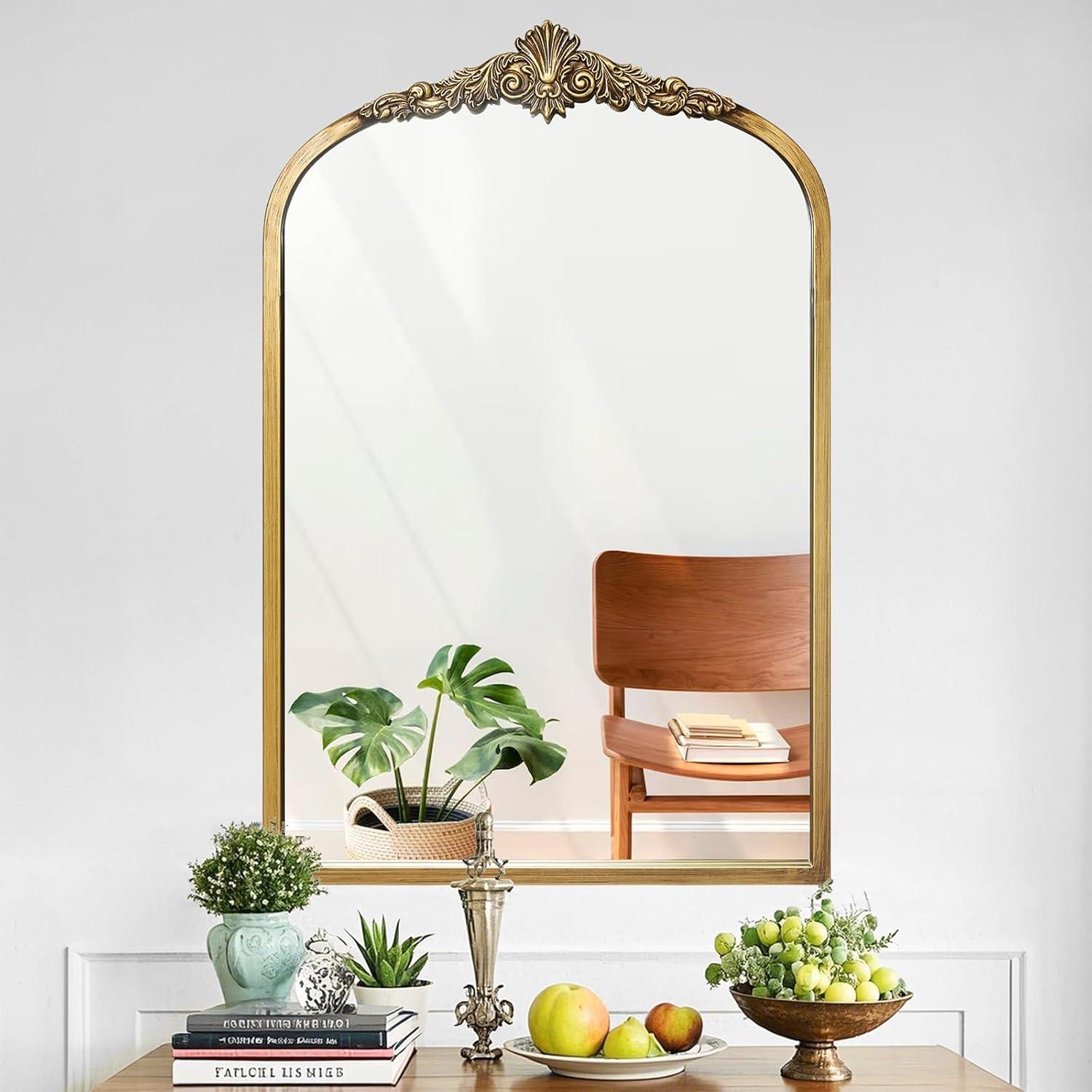 BohoBliss 24"X36" Gold Vintage Mirror for Wall, Antique Arch Mirror, Victorian Ornate Baroque Mirror for Wall, Mantel, Fireplace, Living Room, Hallway, Bathroom, Bedroom, Entryway