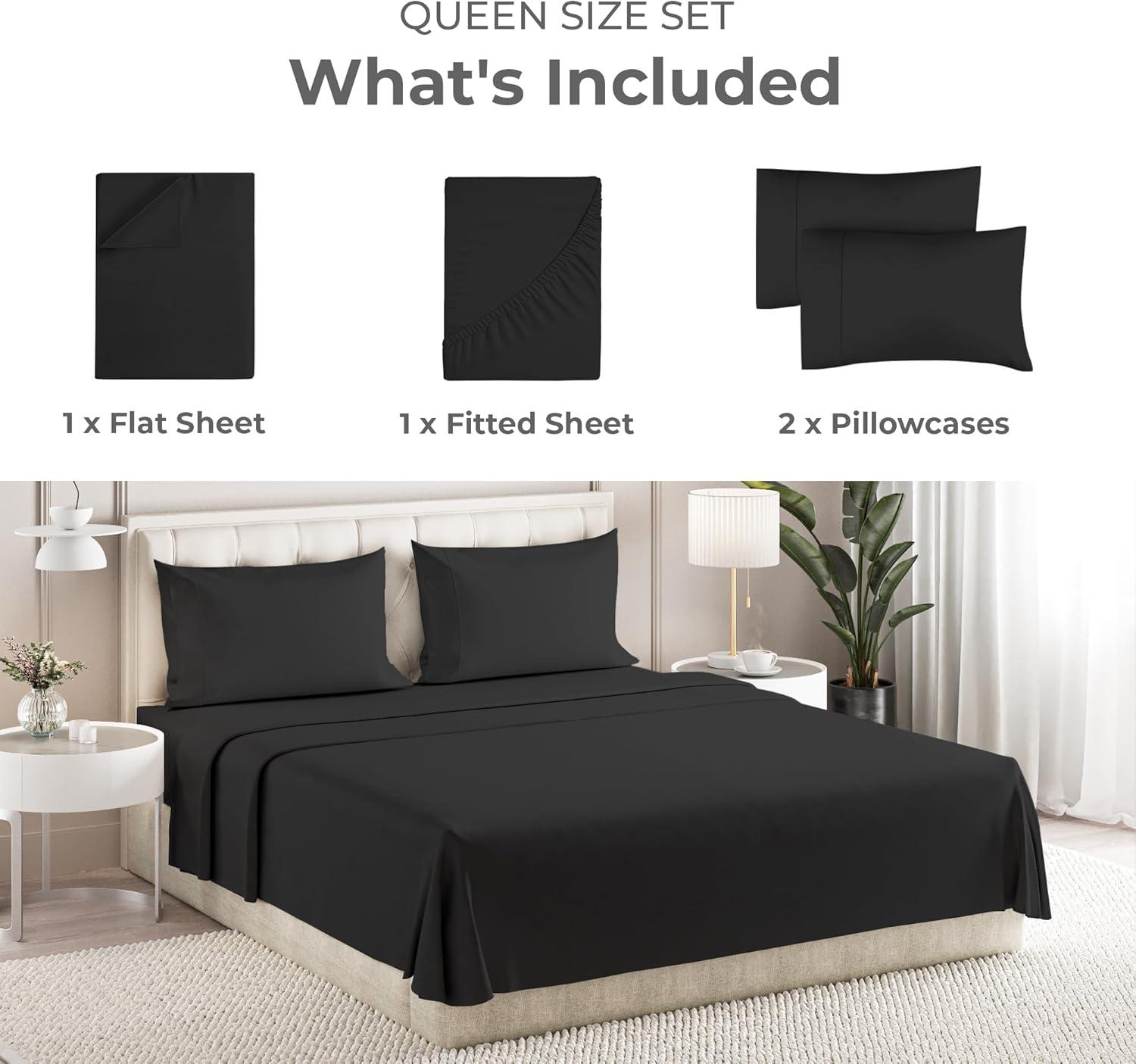 Sleepy Town Sheets Set, Soft & Wrinkle Free Microfiber 4 Piece Queen Sheet Set Deep Pocket, Black