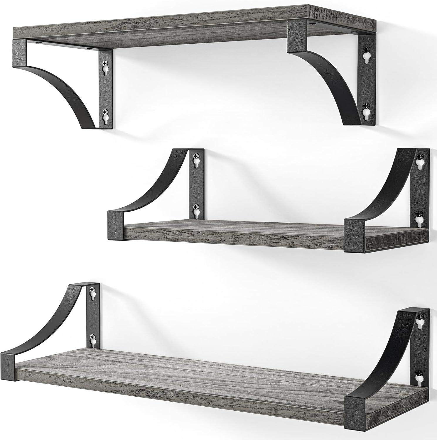 Gray Wood Floating Accent Shelves with Black Metal Brackets, Set of 3