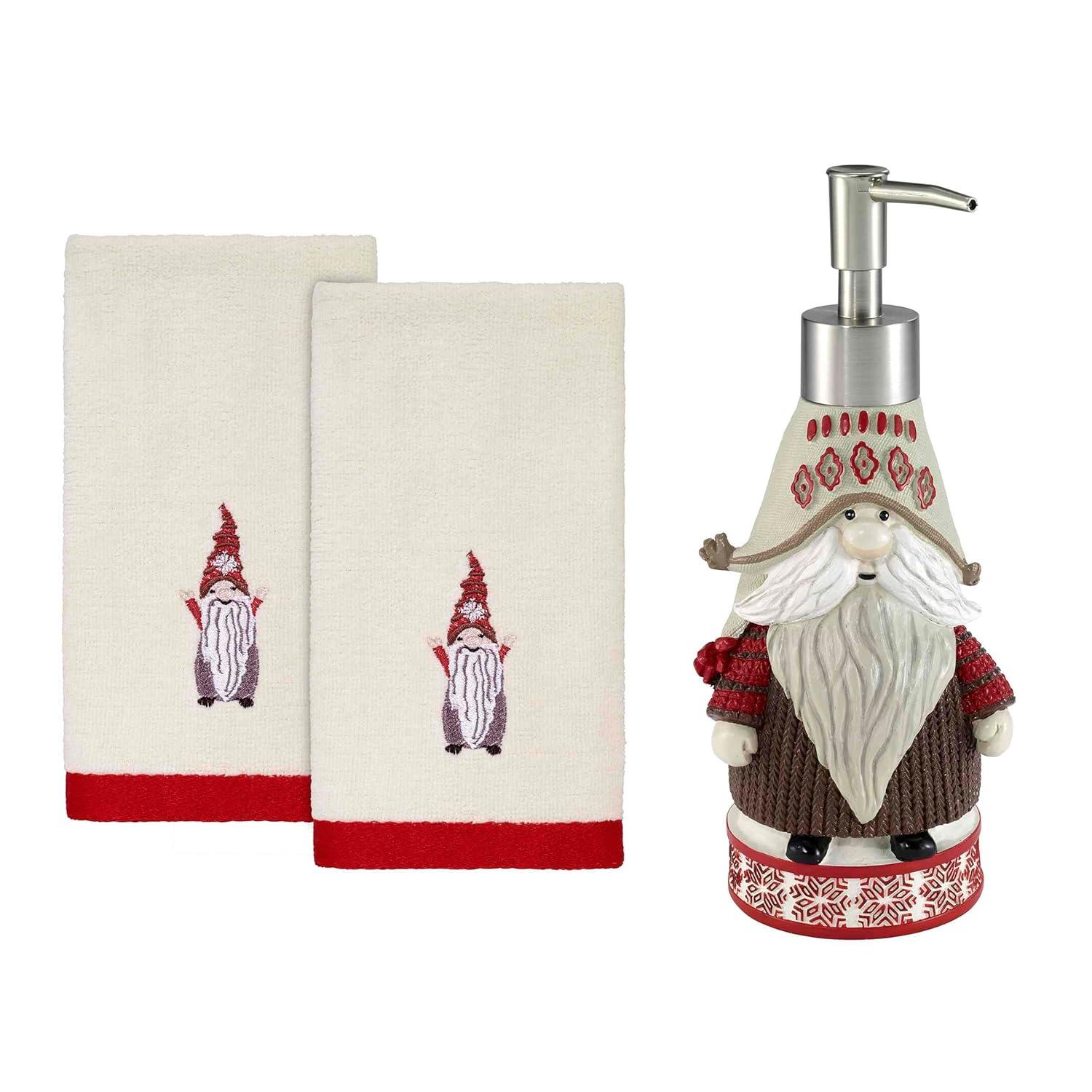 Avanti Linens Christmas Gnomes Lotion Dispenser & 2-Pack Fingertip Towel Set