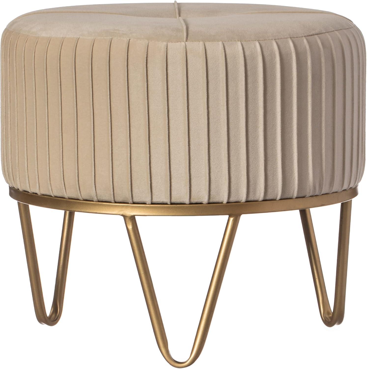 Fabulaxe Round Velvet Ottoman Stool Raised with Hairpin Gold Base, Cream, Small