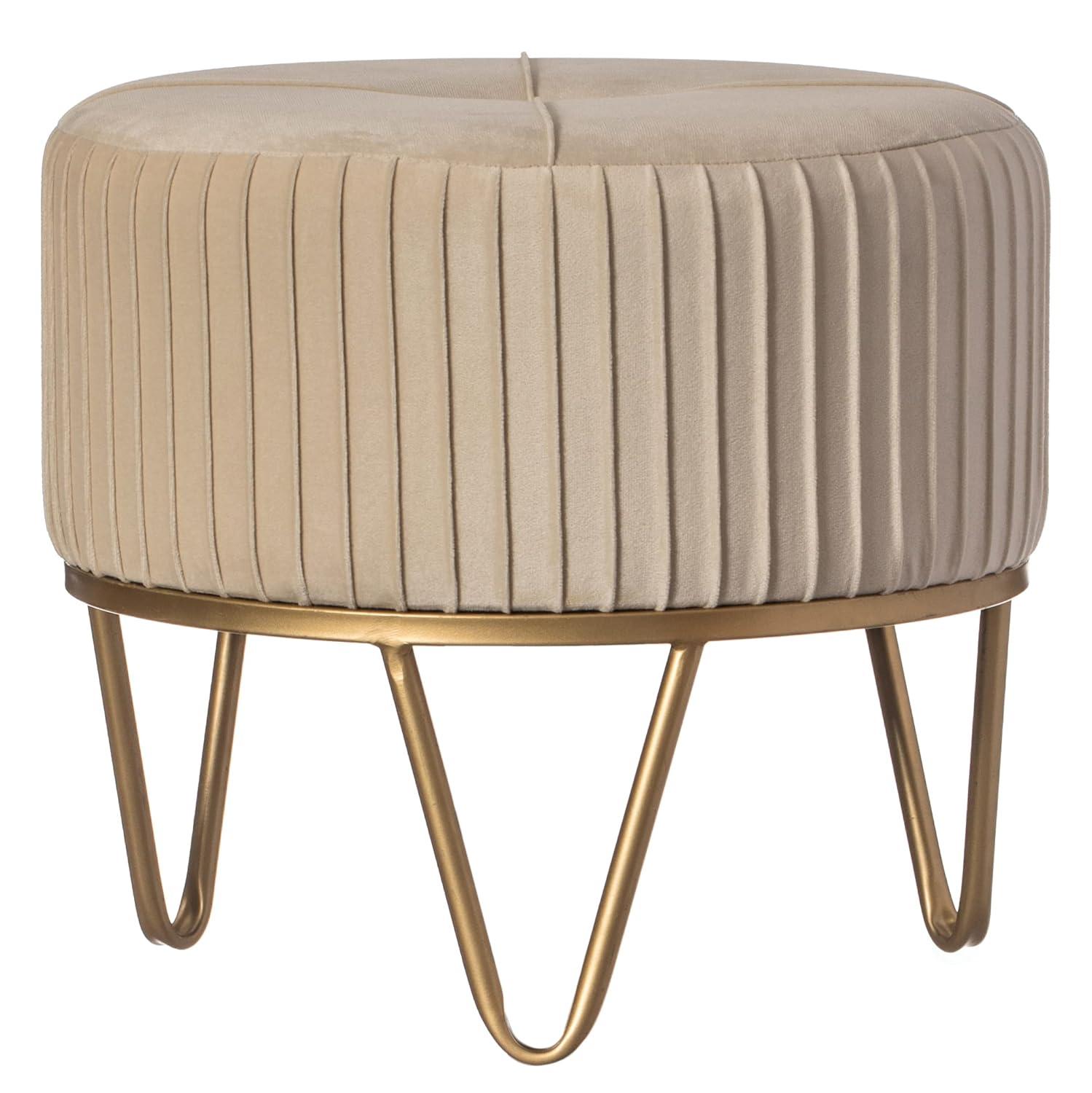 Fabulaxe Round Velvet Ottoman Stool Raised with Hairpin Gold Base, Cream, Small