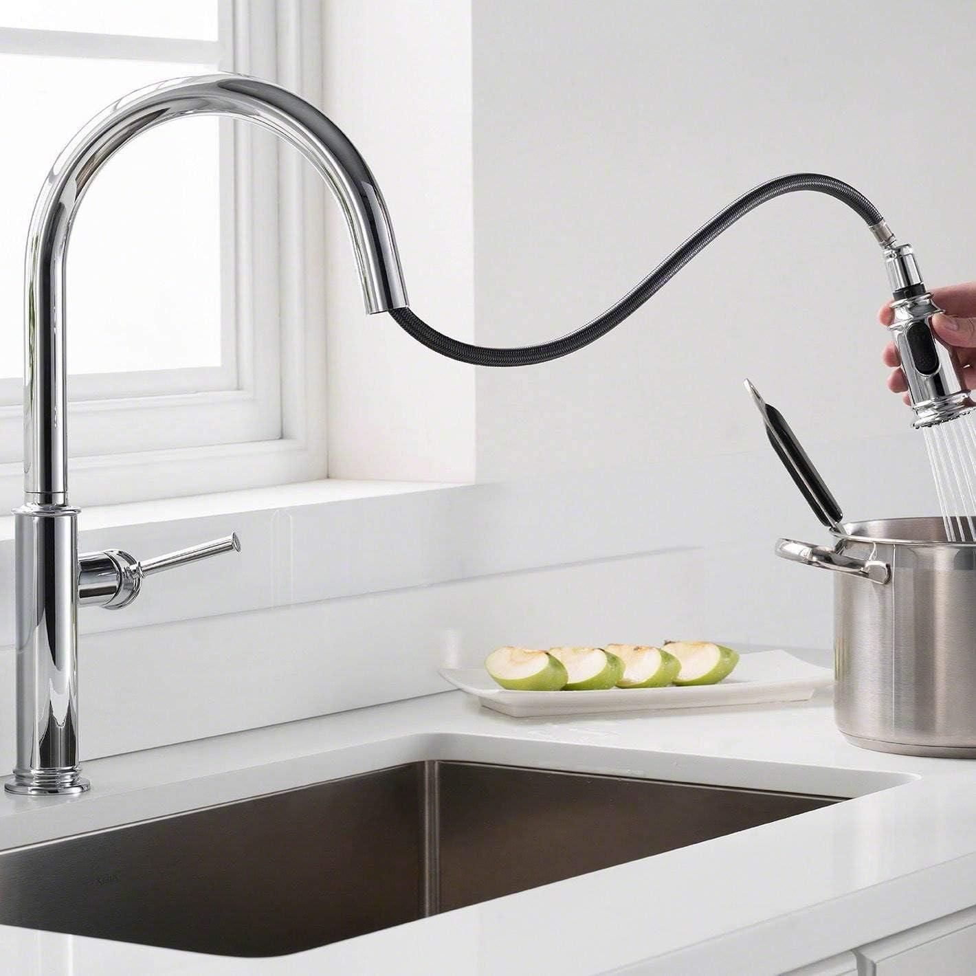 Elegant Bronze 17" Modern Pull-Out Spray Kitchen Faucet