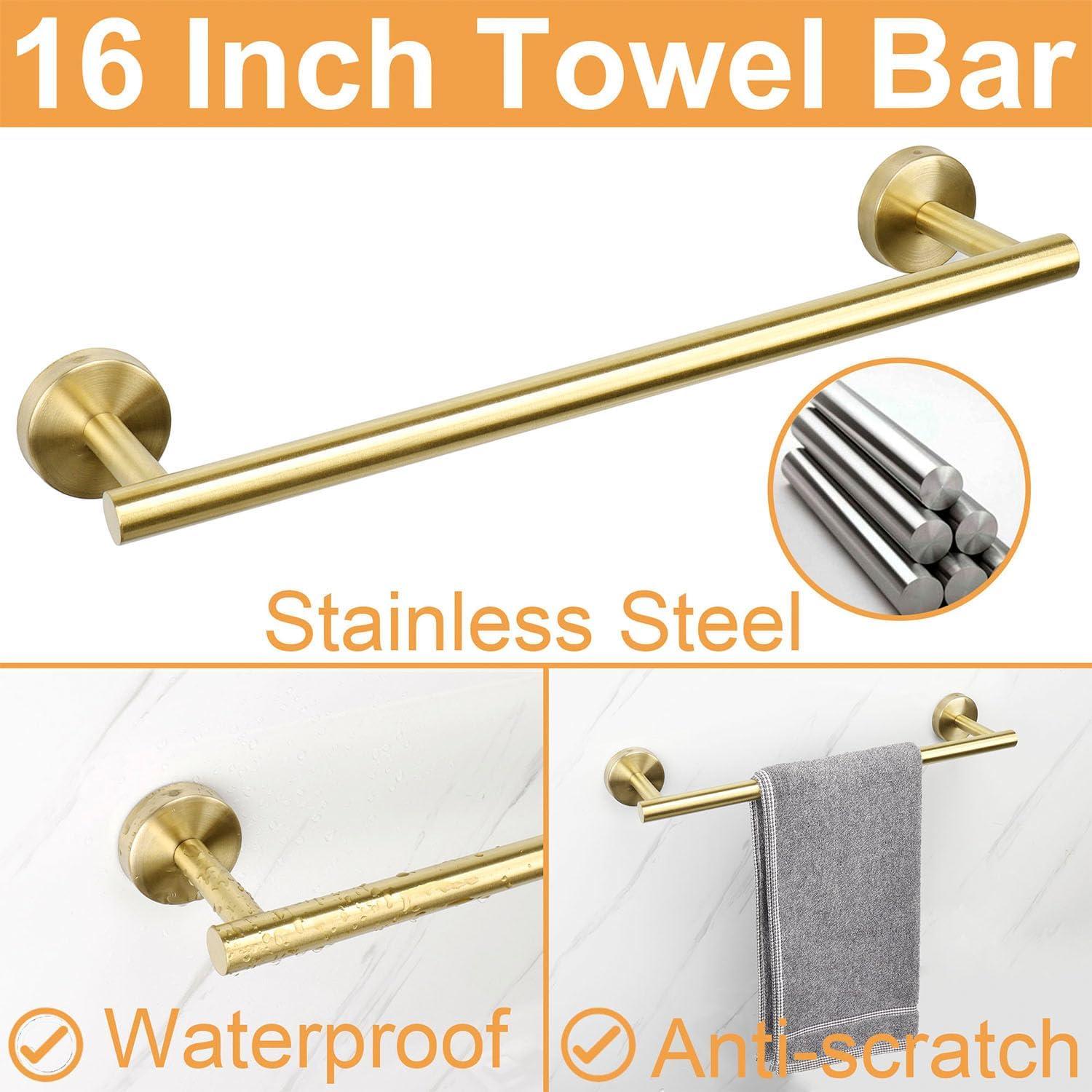 5 PCS Bathroom Hardware Set SUS304 Stainless Steel-Towel Rack Set Include Lengthen Hand Towel Bar+Toilet Paper Holder+3 Robe Towel Hooks Bathroom Accessories Towel Bar Set (Brushed Gold, 16IN)