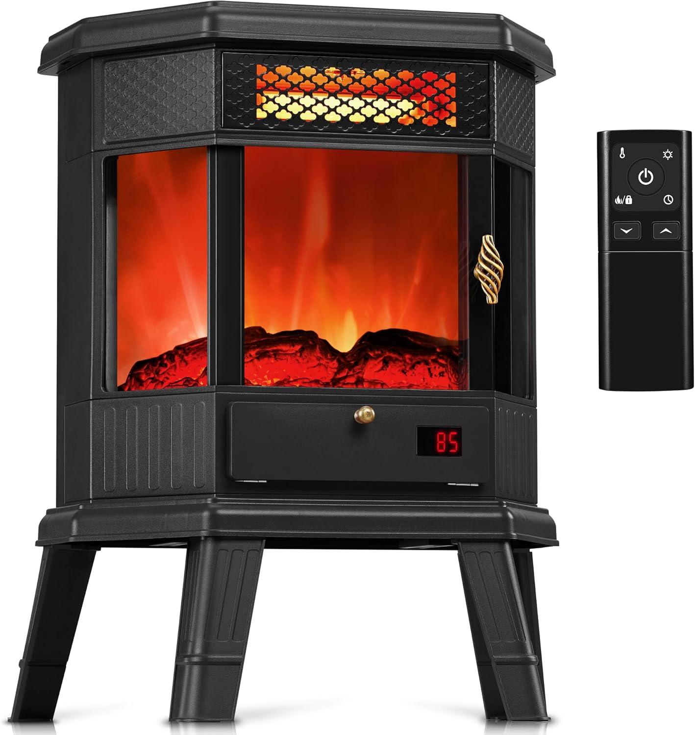 Black Freestanding Electric Fireplace Heater with 3D Flame Effect and Remote