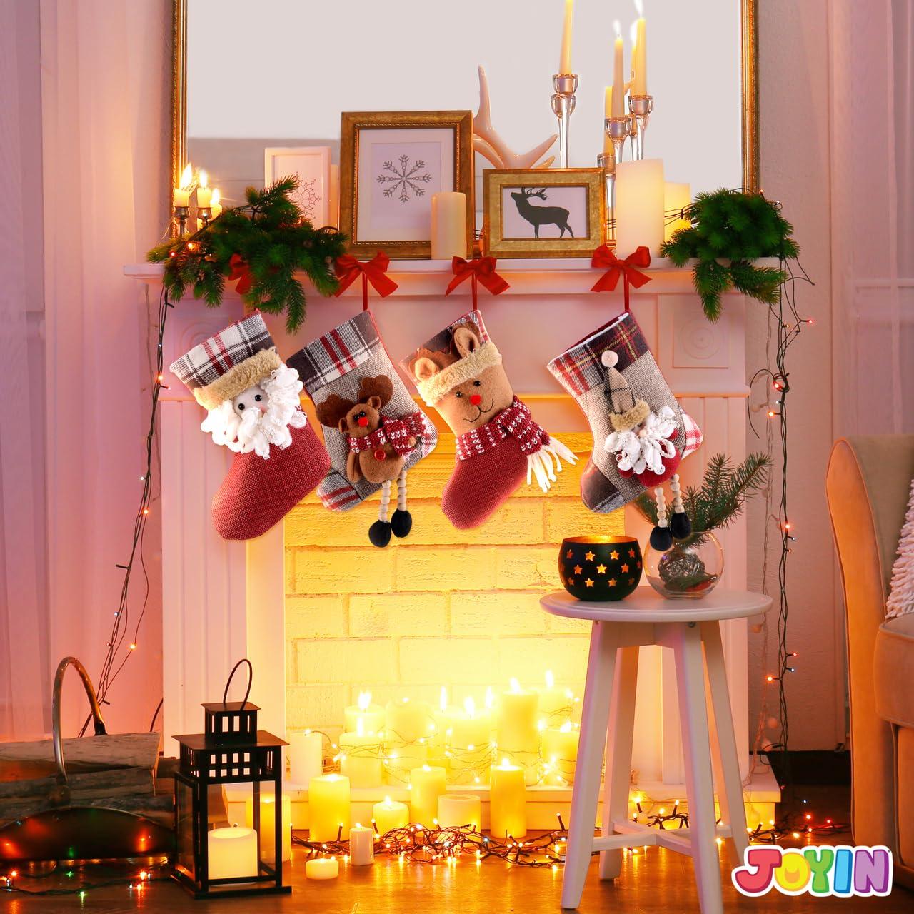 JOYFY 12 Pcs Mini Christmas Stockings 3D Bulk Xmas Stockings Santa Snowman Reindeer Burlap Stockings for Present Holders Treat Bags