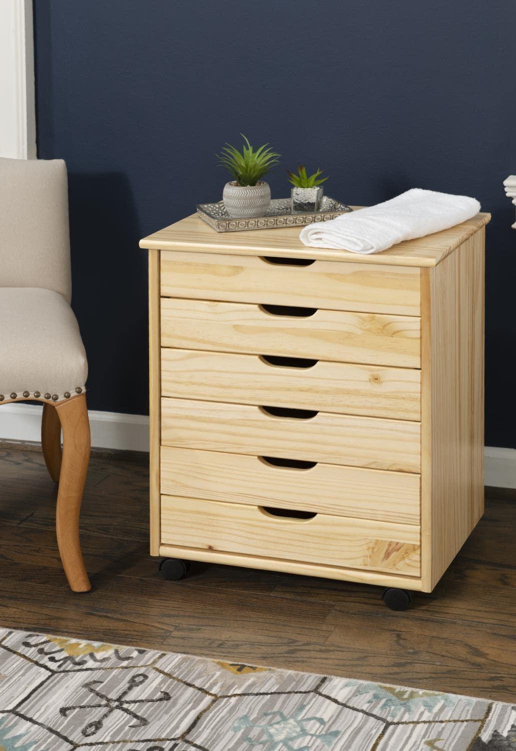 Cary Transitional 6 Drawer Solid Wood Contoured Handle Cut Out Wide Roll Cart Natural - Linon: Pine Frame, Farmhouse Style