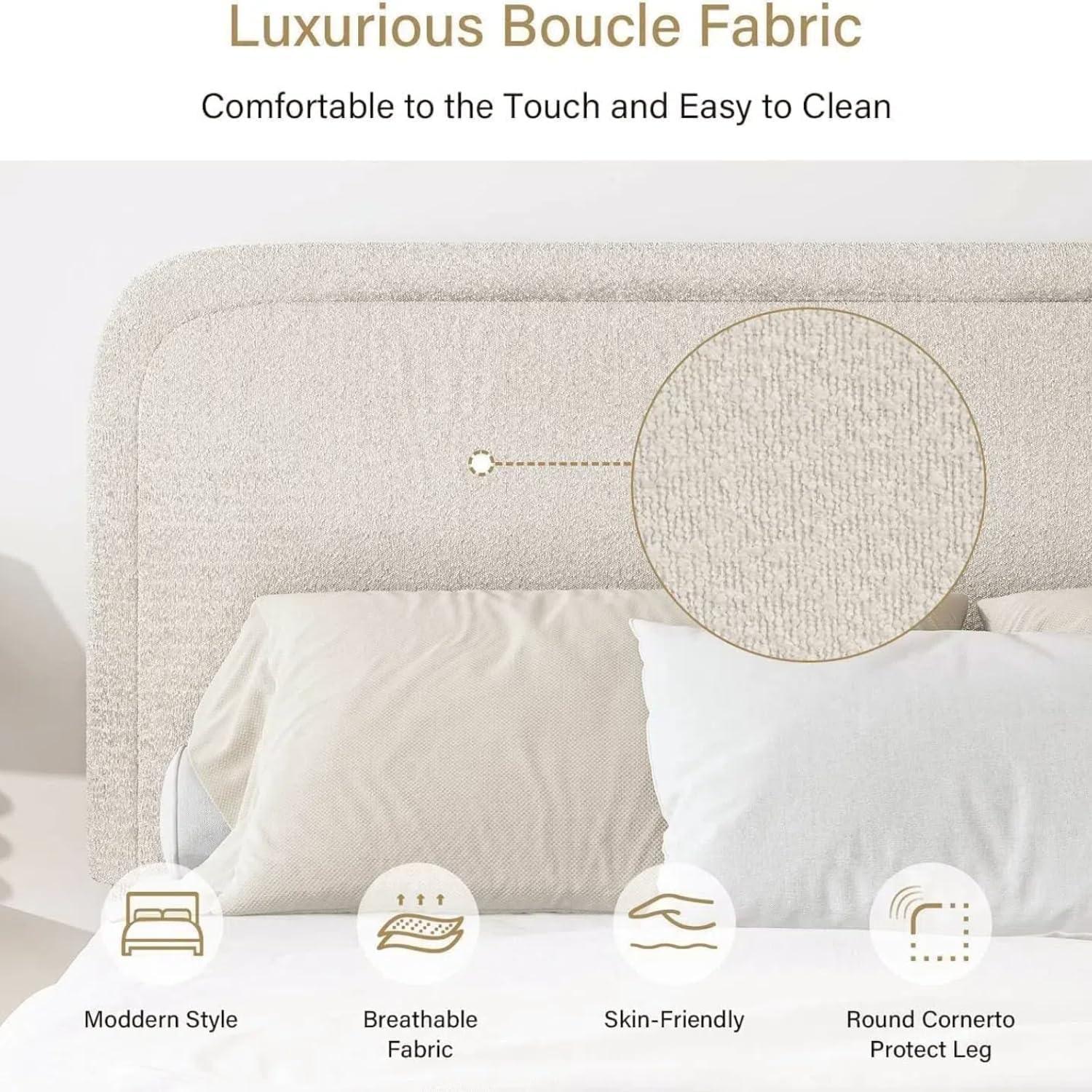 Manfred Boucle Upholstered Cloud Bed Frame with Rounded Corners Headboard, Soft Platform Bed Frame with Thickened Footboard