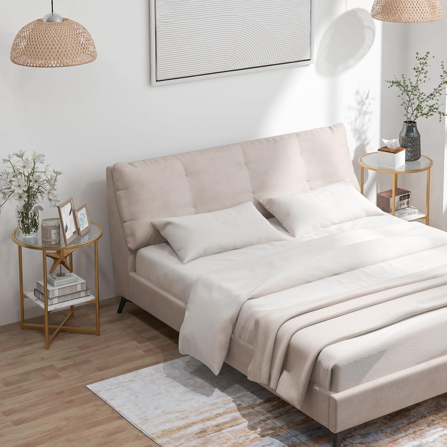 Kepooman End Tables,Side End Table,Nightstand,2-Tier Glass End Table Set of 2 with Faux Marble Storage Shelf-White