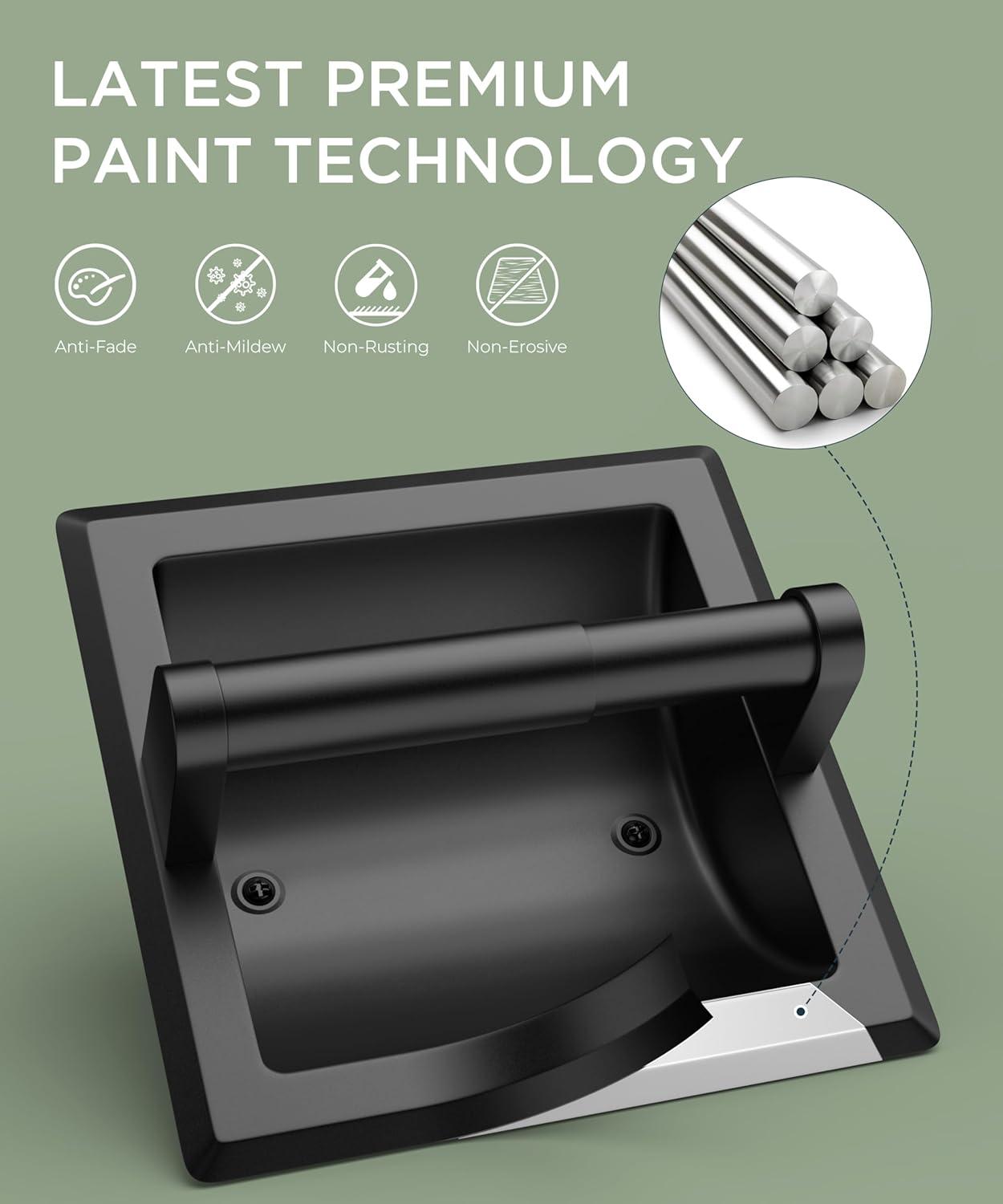 FORIOUS Recessed Toilet Paper Holder, Stainless Steel Durable Tissue Roll Holder Wall Mount for Bathroom Space Saving Design with Mounting Bracket, in Wall Toilet Paper Dispenser Insert, Matte Black