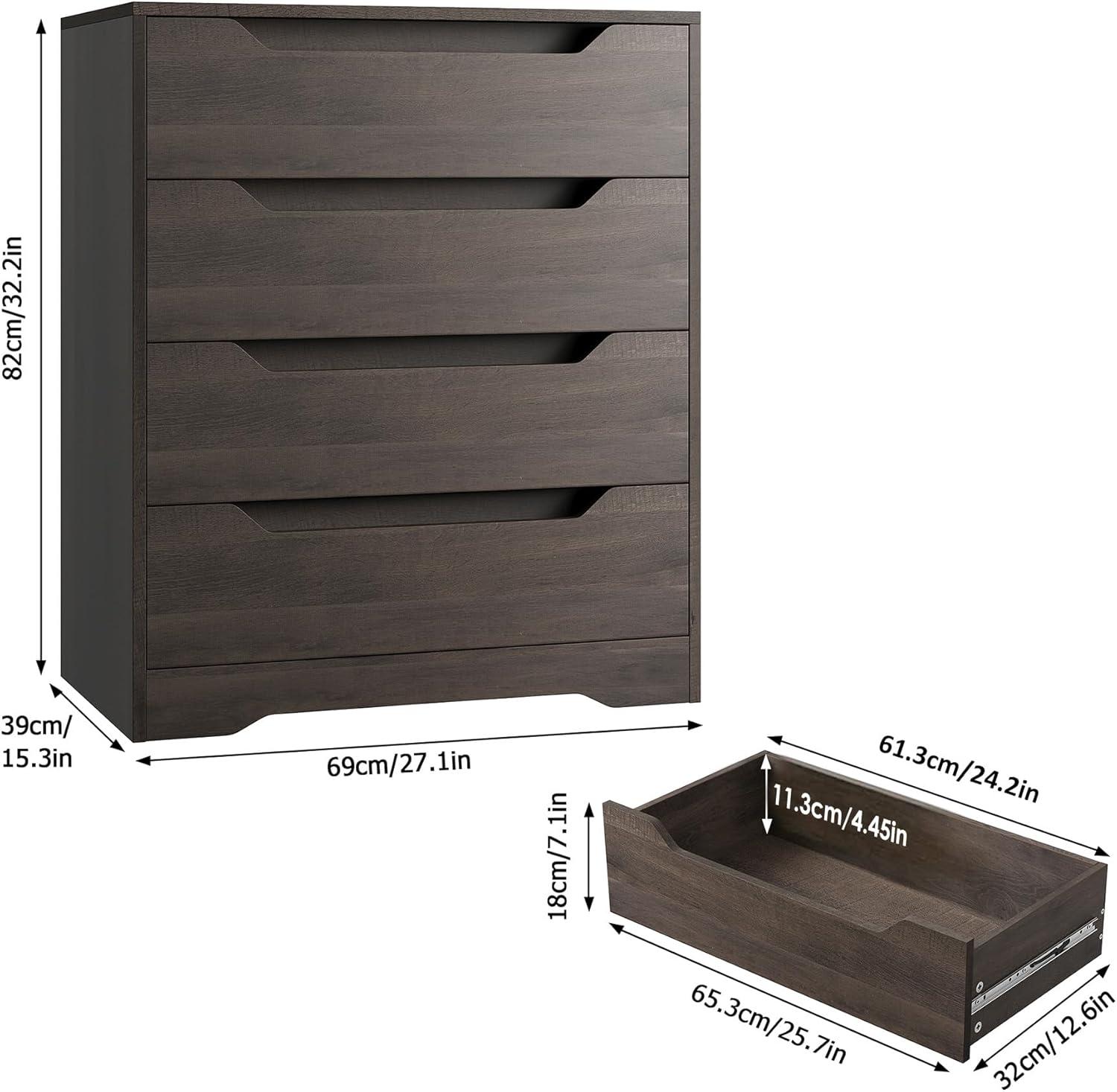 Homfa 4 Drawer Dresser for Bedroom, Wooden Handless Chest of Drawers, Modern Nightstand Storage Cabinet for Living Room, Dark Brown