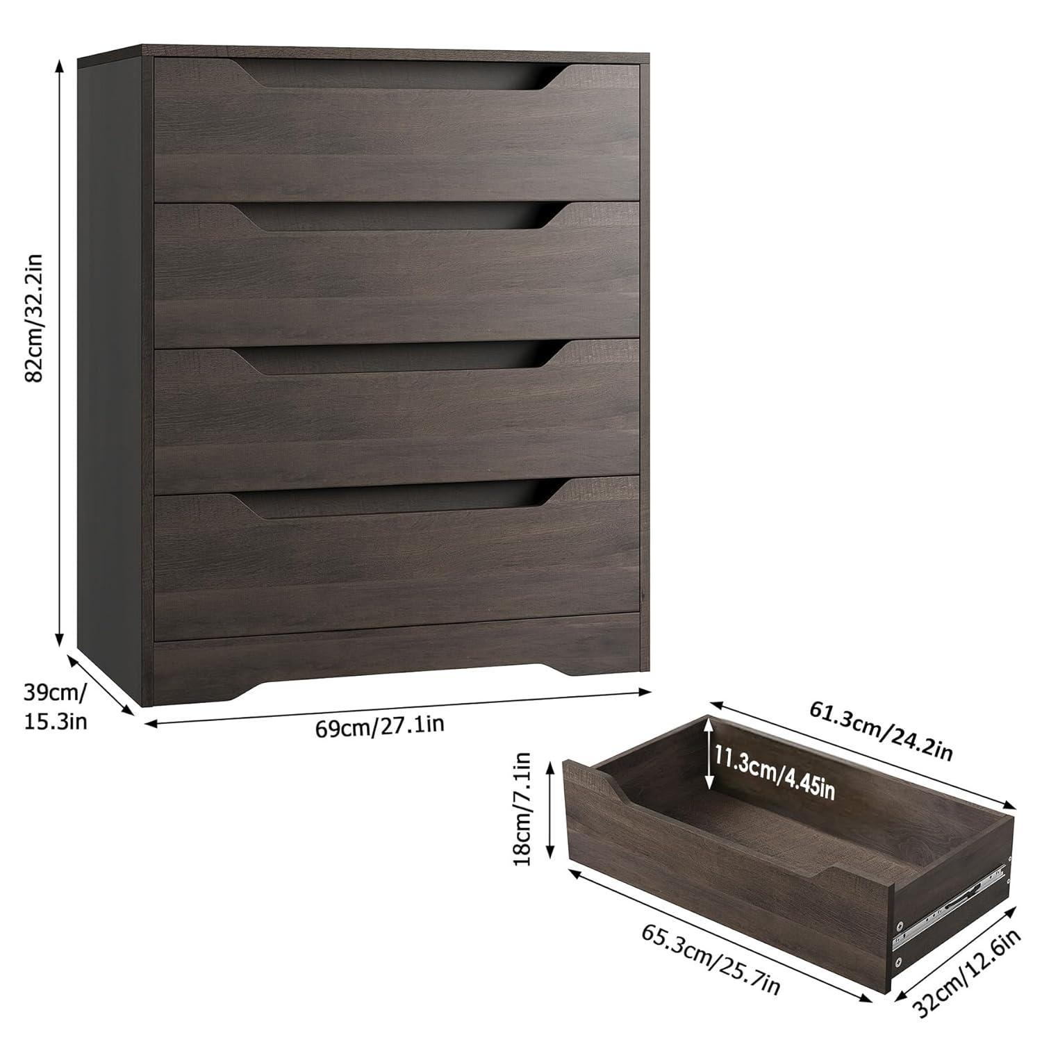 Homfa 4 Drawer Dresser for Bedroom, Wooden Handless Chest of Drawers, Modern Nightstand Storage Cabinet for Living Room, Dark Brown