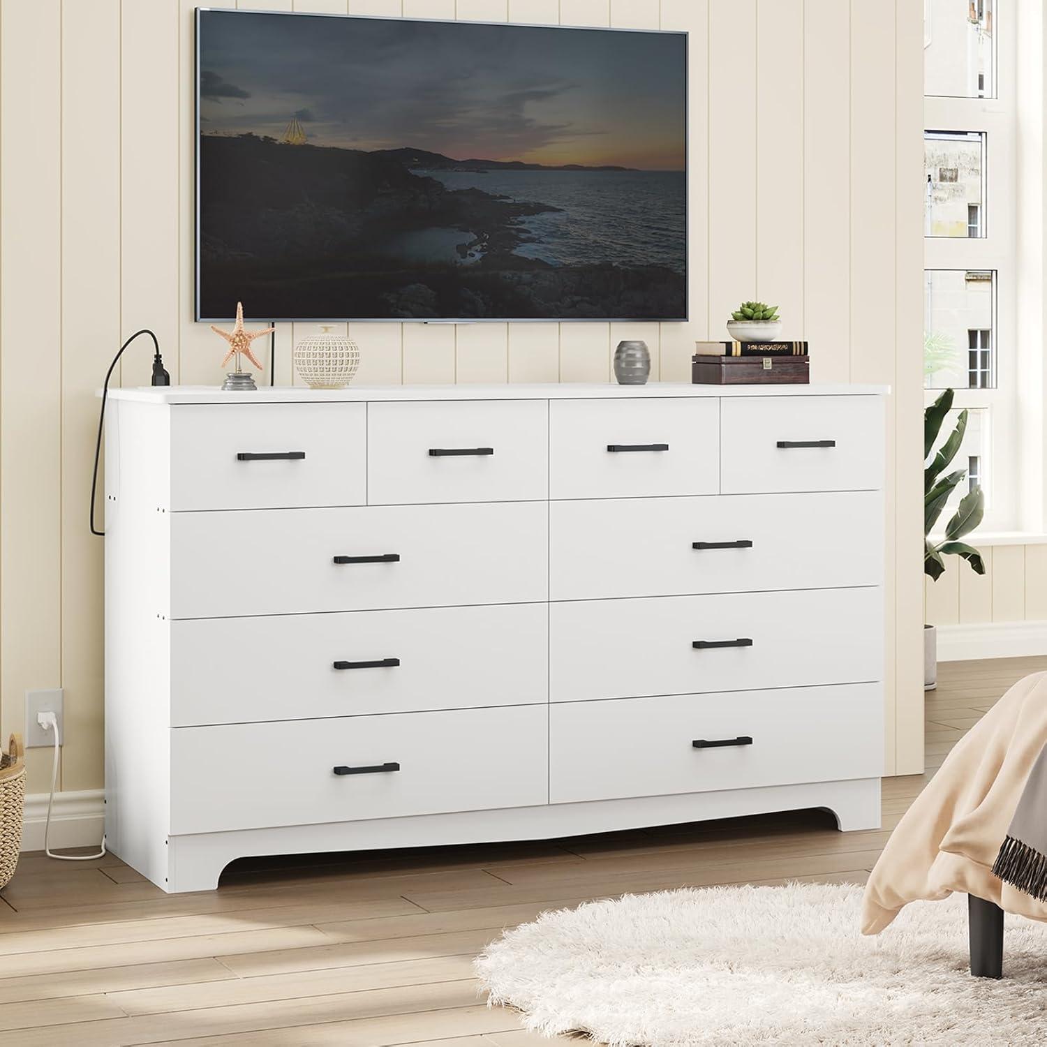 10 Drawers Dresser for Bedroom, Chest of Drawers with Charging Station, Bedroom Storage Organizer, White