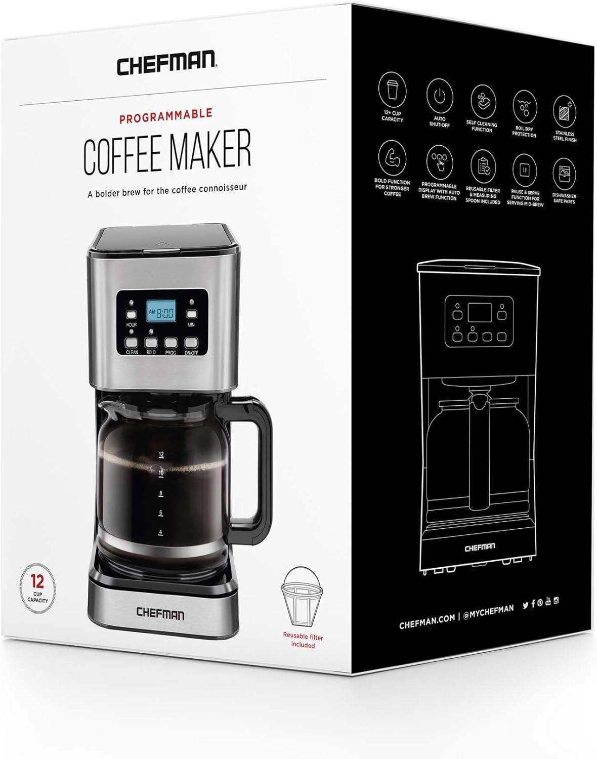 Chefman 12-Cup Programmable Coffee Maker w/ Digital Display, Auto Shut Off - Stainless Steel, New