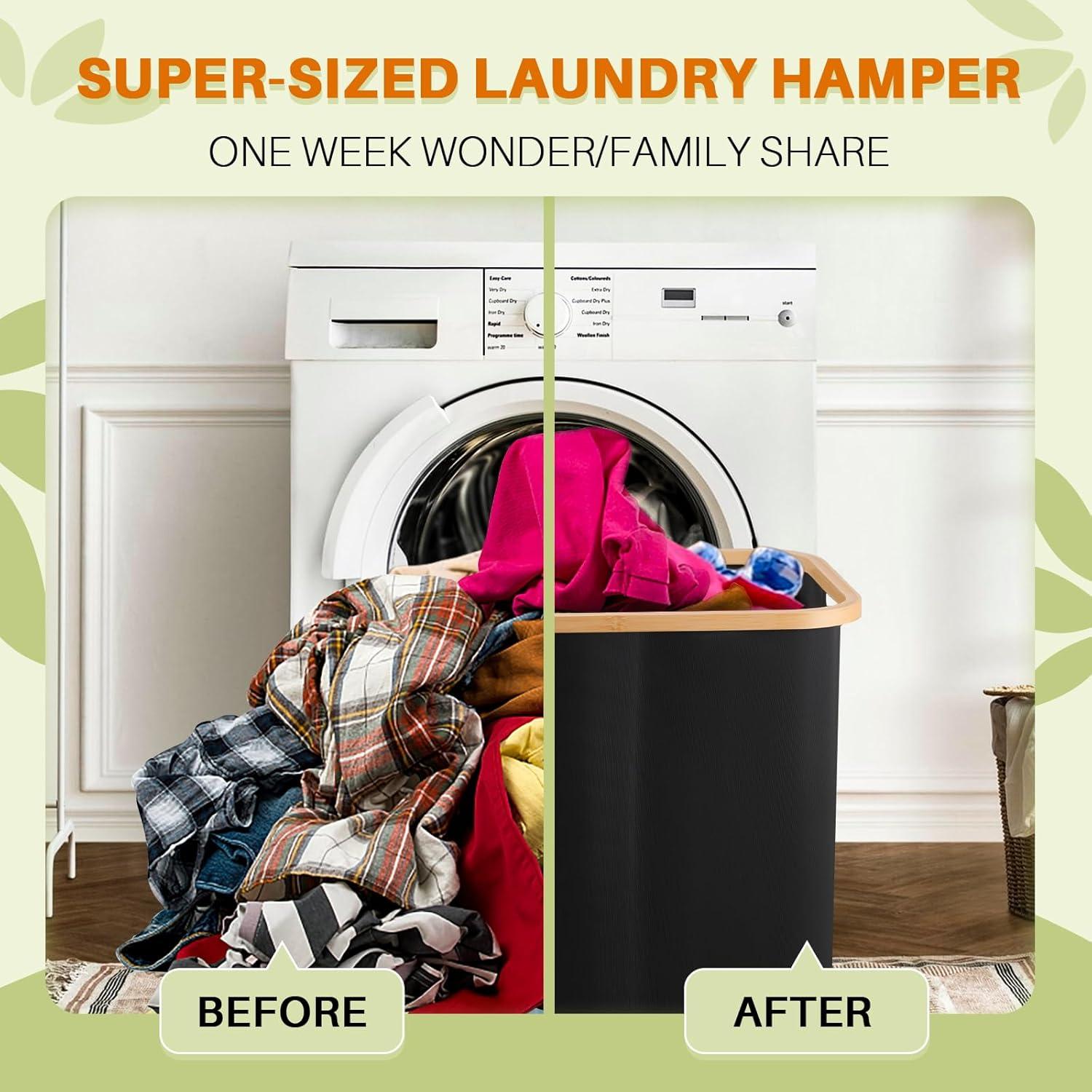 Hampers for Laundry Basket with Lid, 145L Extra Large 3 Section Clothes Divided Organizer for Bedroom, Laundry Room, Dirty Clothing Hamper, Black
