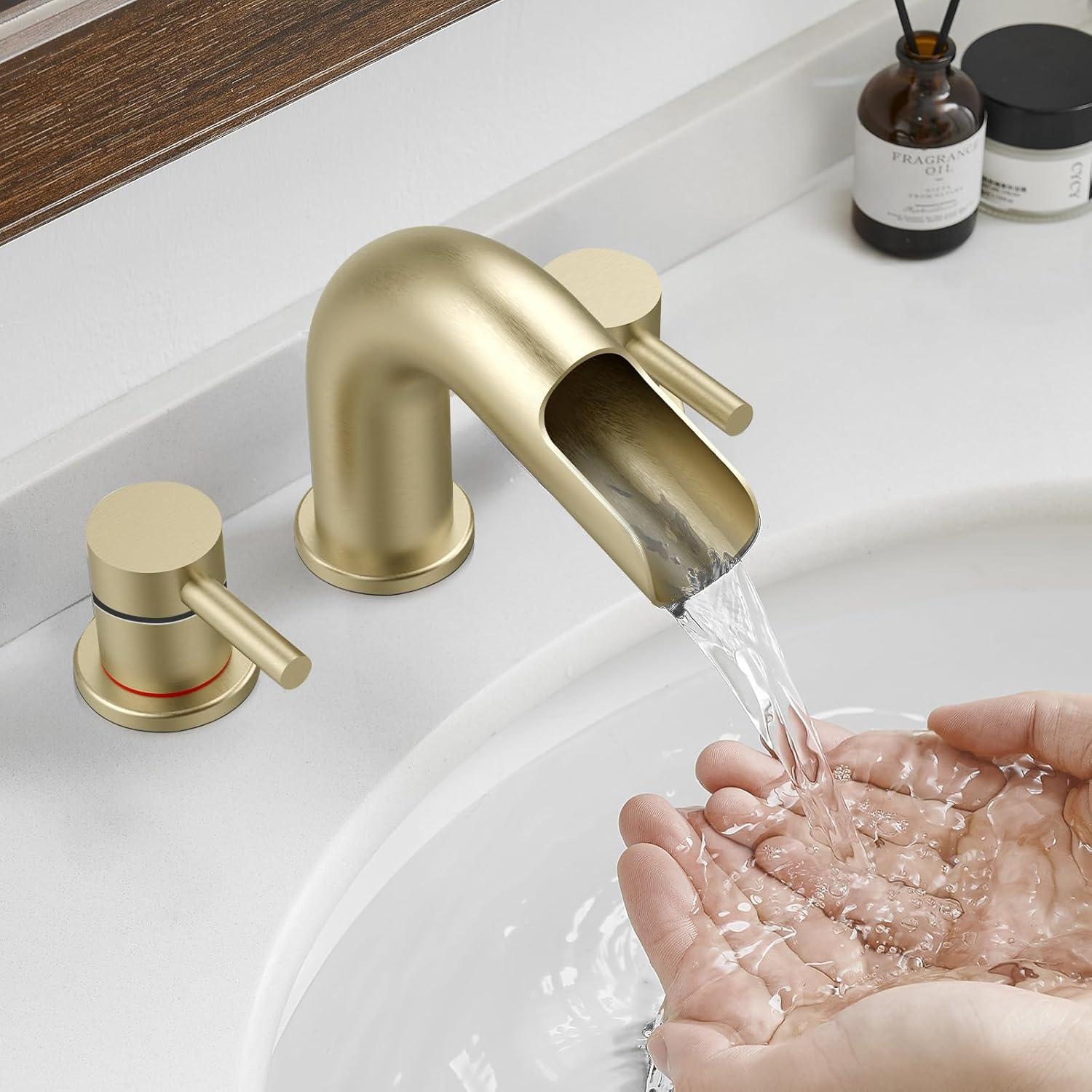 Qomolangma Waterfall Bathroom Faucets 3 Holes 2 Handles - Brushed Gold Bathroom Sink Faucets Widespread with Pop Up Drain, Lavatory Mixer Tap for Bathroom Sink RV Vessel Basin