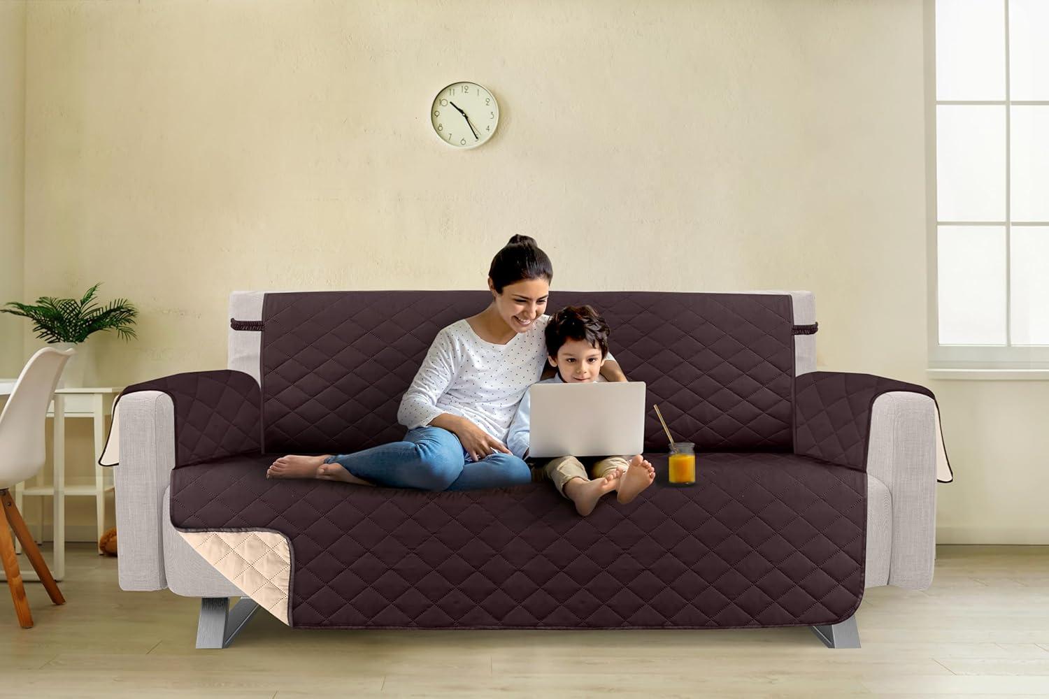 Utopia Bedding Reversible Sofa Couch Cover, Water Resistant Slipcover Furniture Protector with Foam Sticks and Elastic Straps for Kids Dogs Pets (3 Seater, Chocolate/Beige)