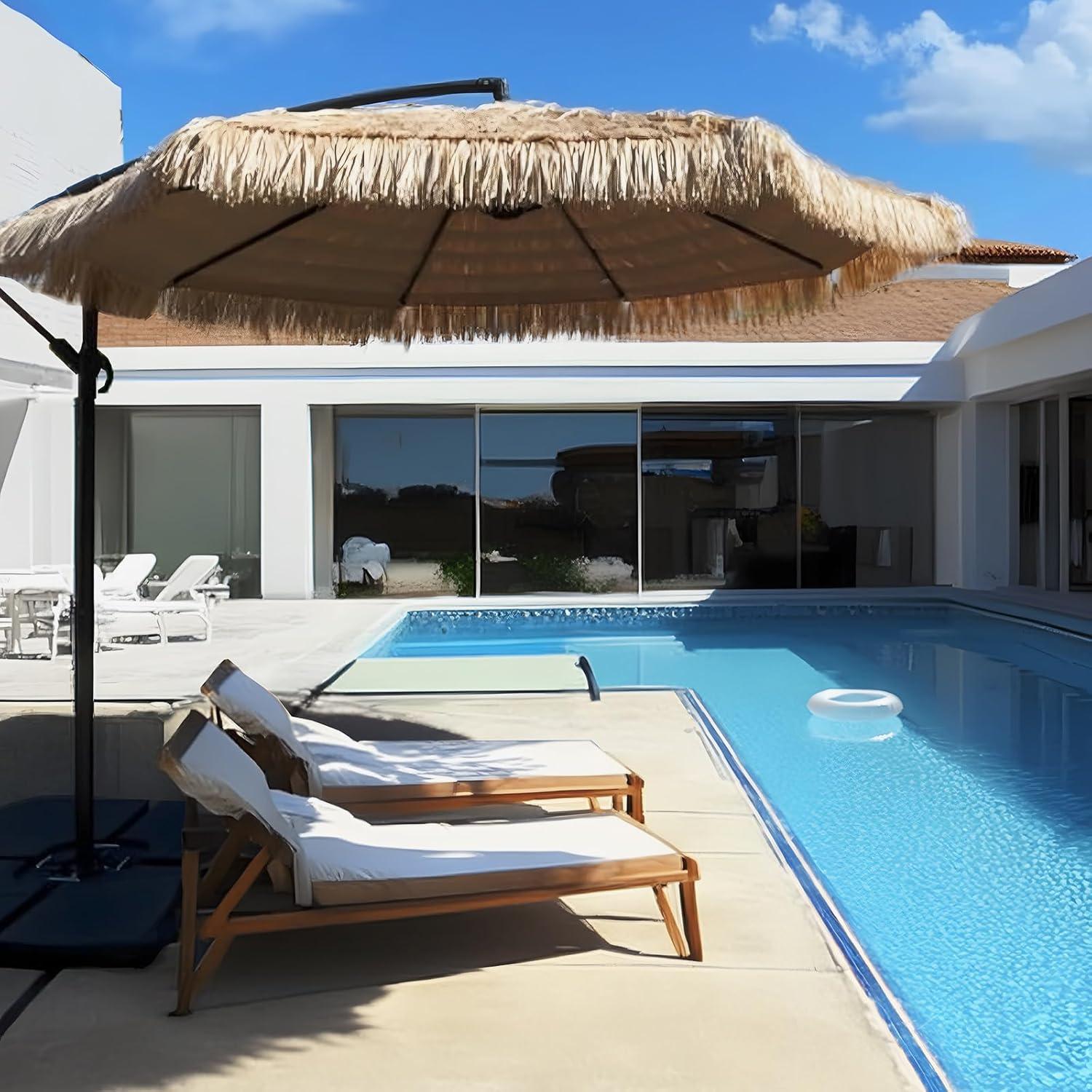 Aoodor 10FT Cantilever Tiki Thatch Patio Umbrella, Hand-Push Tilt Offset Umbrella for Outdoor, Natural Straw Look (No Base)