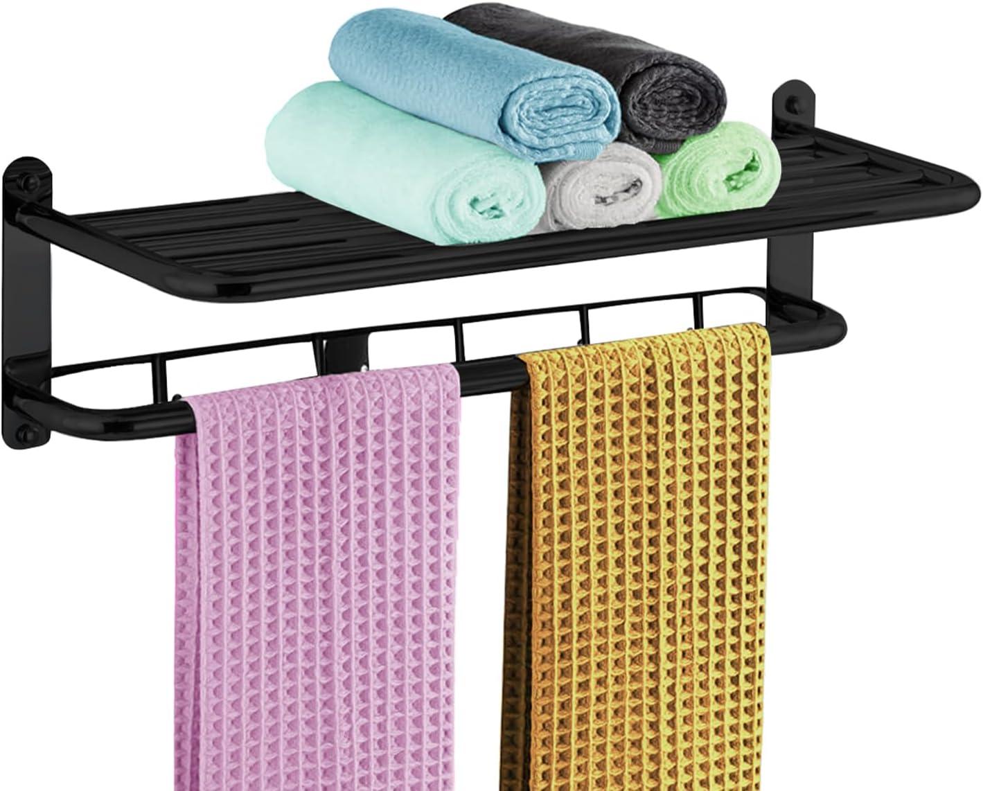 Matte Black 2-Tier Towel Rack | 24'' Wall-Mounted Bathroom Towel Shelf With Bar & 5 Hooks | Rust-Proof Stainless Steel Towel Hanger & Organizer | Space-Saving Storage