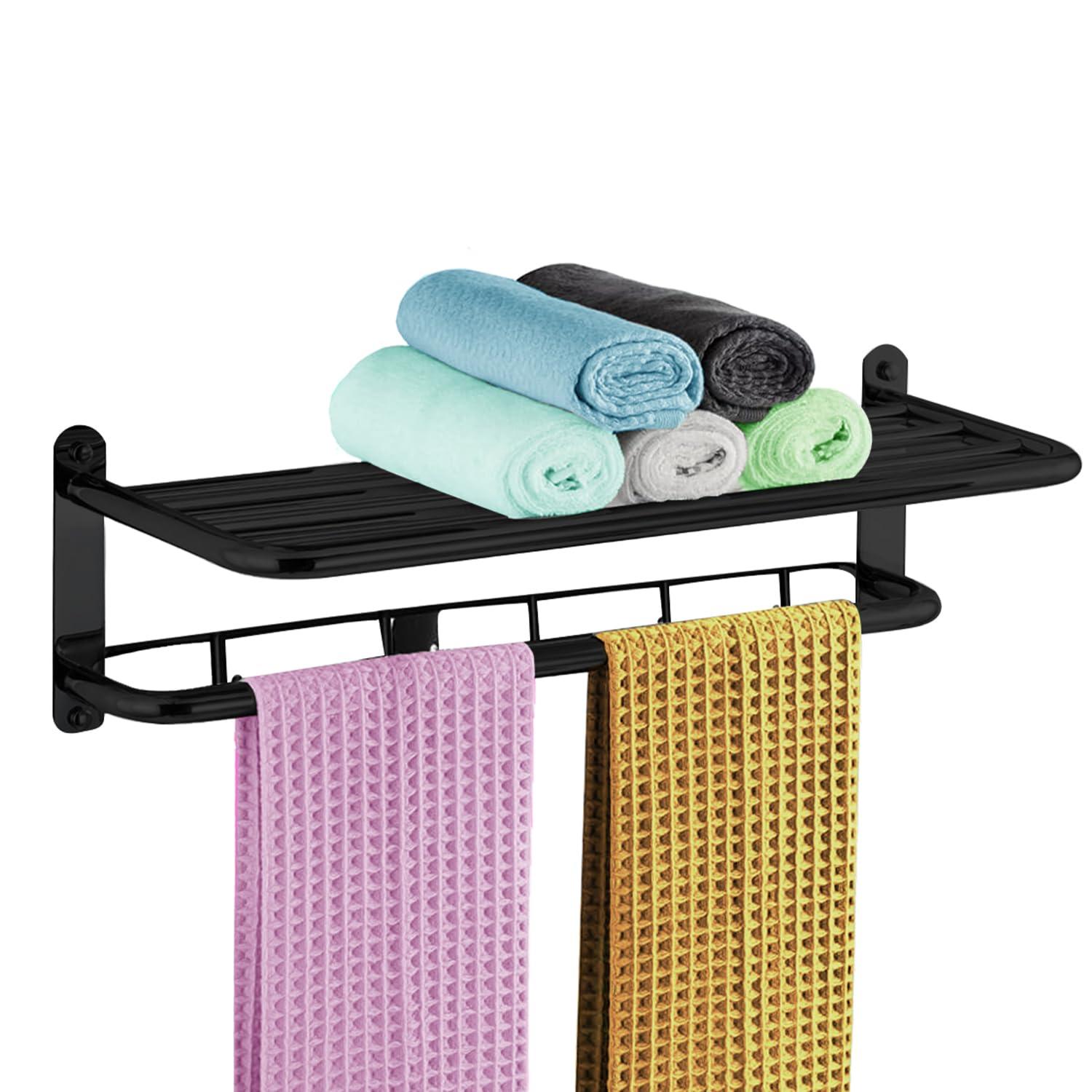 Matte Black 2-Tier Towel Rack | 24'' Wall-Mounted Bathroom Towel Shelf With Bar & 5 Hooks | Rust-Proof Stainless Steel Towel Hanger & Organizer | Space-Saving Storage