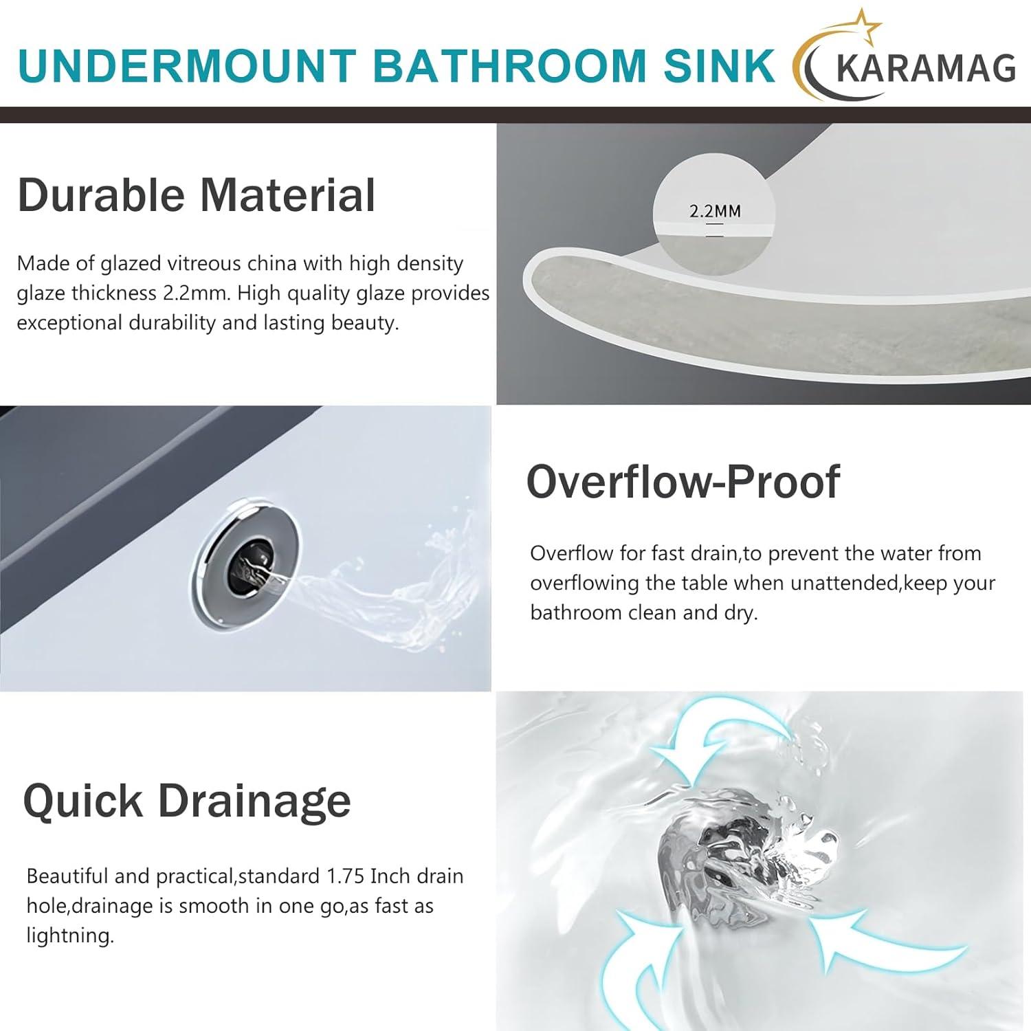 18 Inch Undermount Bathroom Sink Small Rectangle Undermount Sink White Ceramic Under Counter Bathroom Sinks with Overflow (18.3"x13.8")