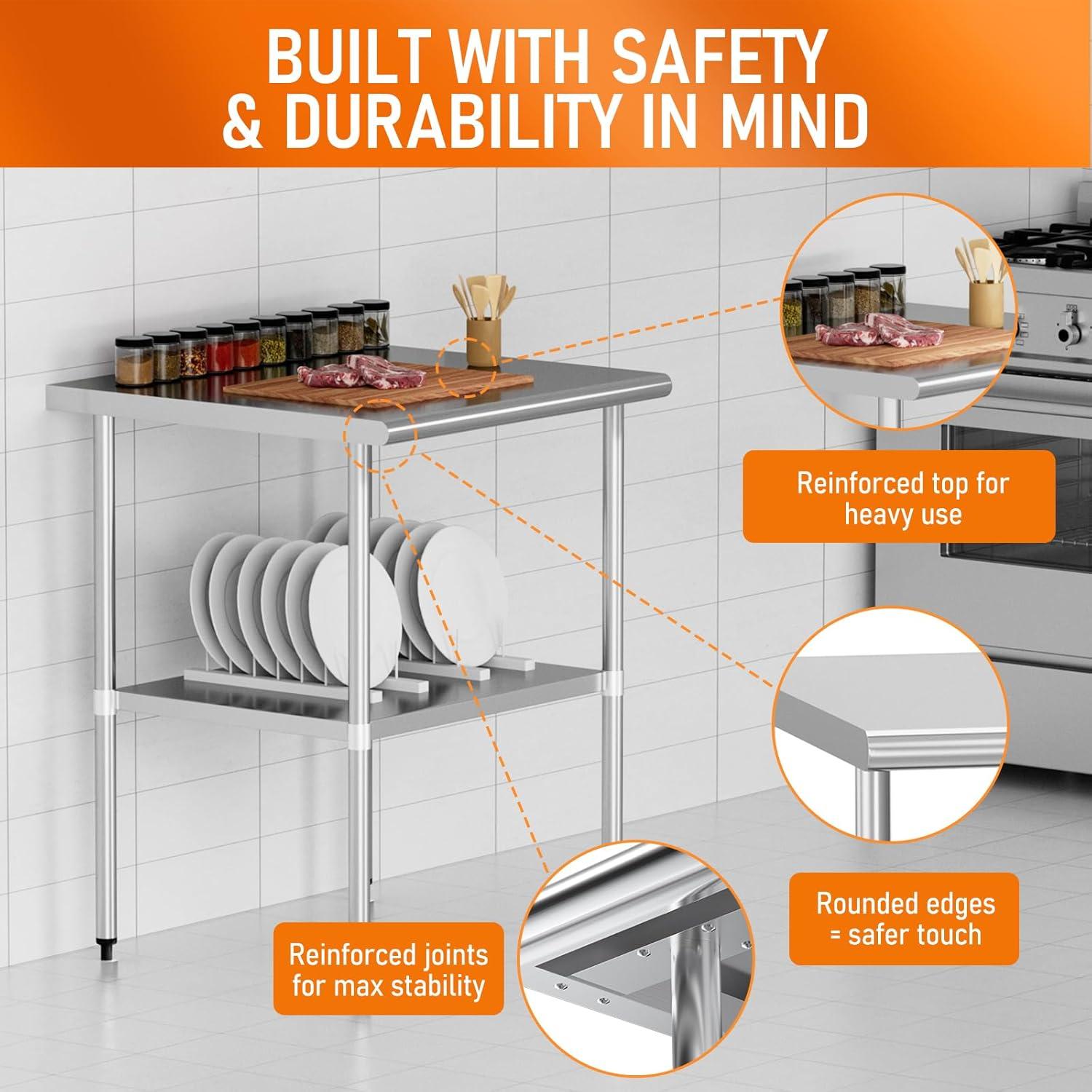 ROVSUN 30'' x 24'' Stainless Steel Table for Prep & Work, Metal Table with Undershelf for Kitchen Restaurant, Home