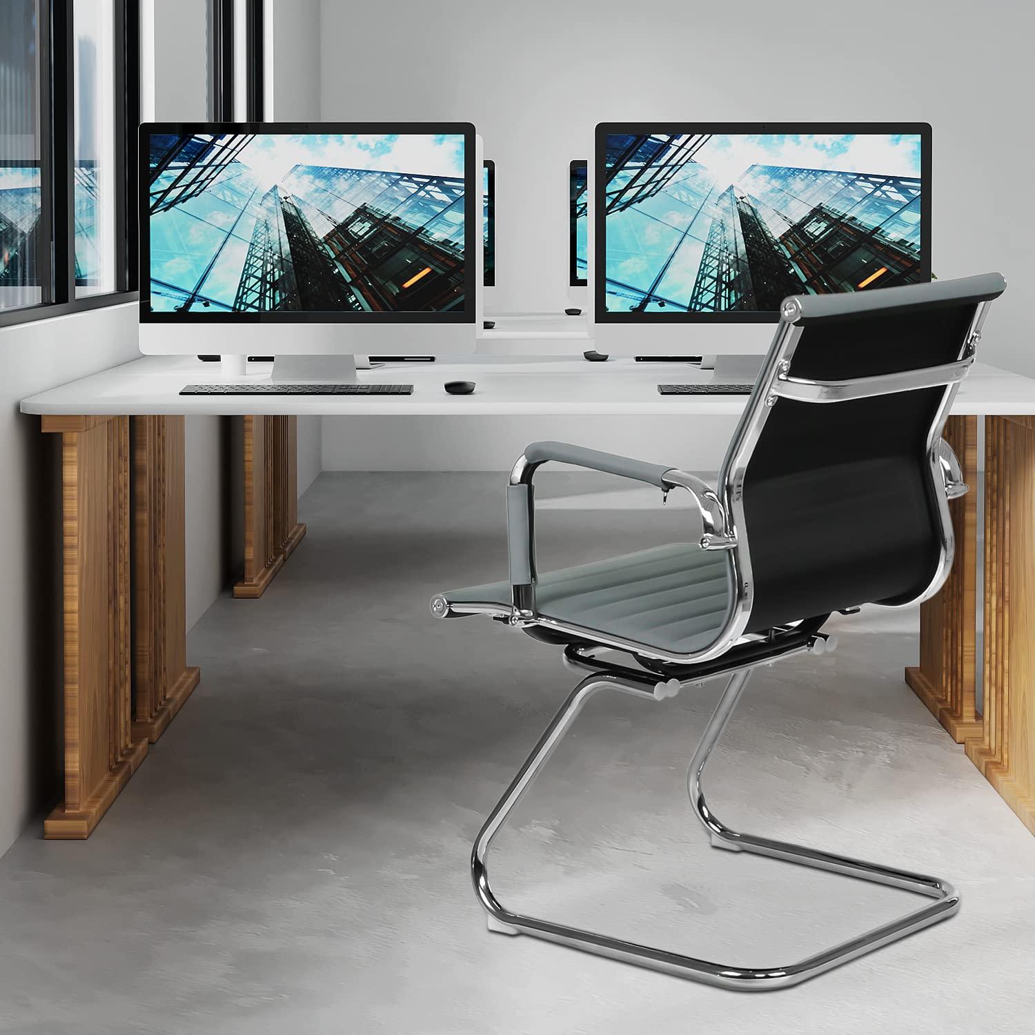 Guyou Modern Mid Back Office Guest Chair Set of 2, Faux Leather Reception Chair Computer Chair with Armrests and Metal Sled Base for Meeting/Waiting/Conference Room, No Wheels, Black