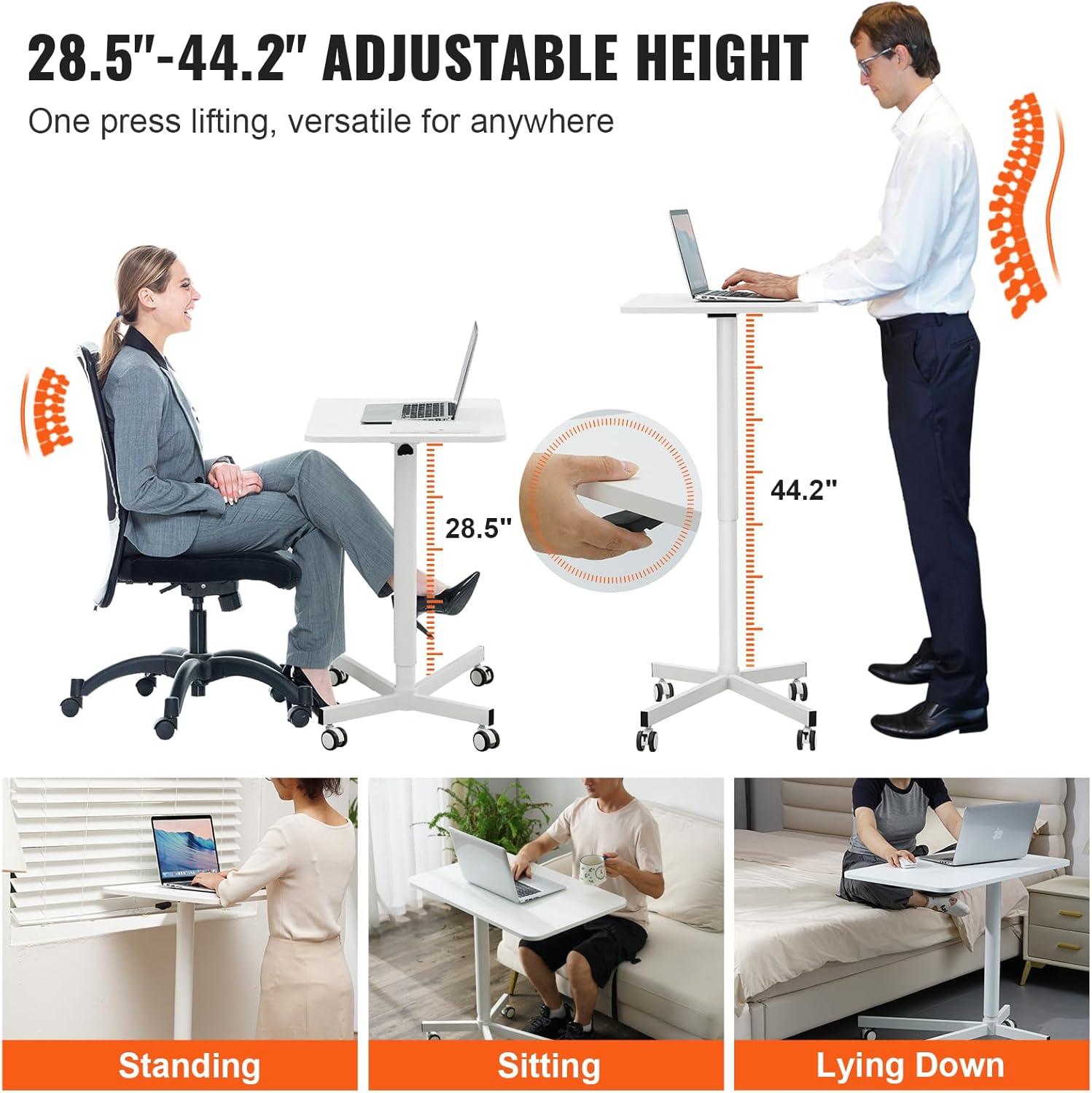 Mobile Standing Desk, 28.5"-44.2" Gas-Spring Height Adjustable Sit-Stand Desk, 360° Swivel Wheels (2 Lockable) Portable Rolling Laptop Table Computer Cart for Home Office School, 44LBS Loading