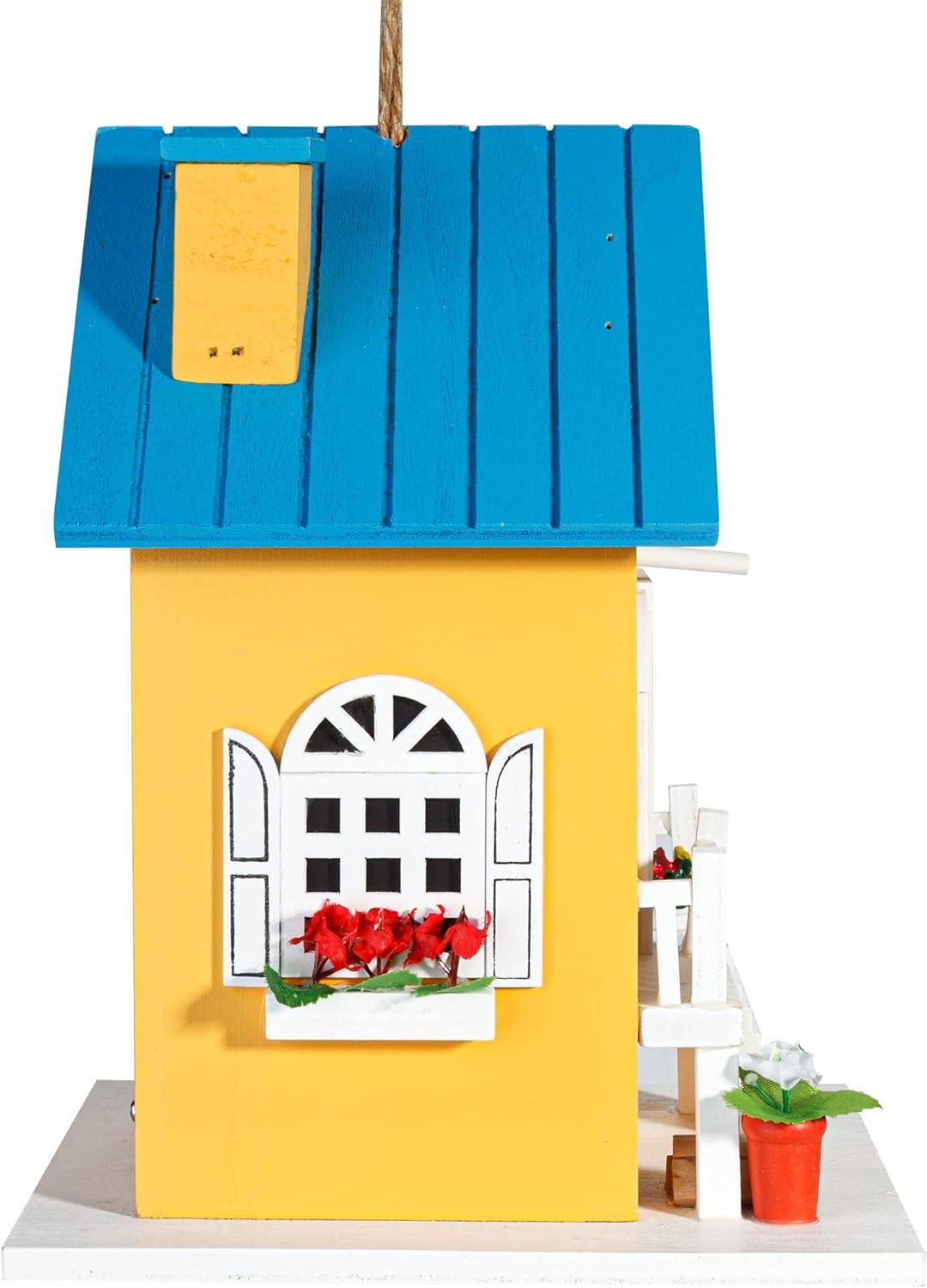 Colorful Wooden Birdhouse with Blue Roof and Yellow Walls