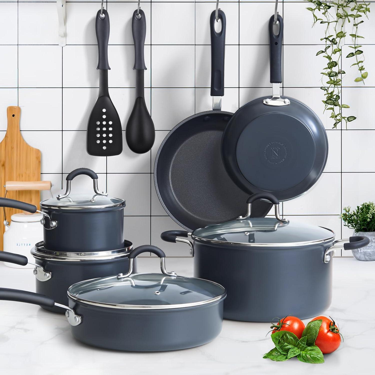 Cook N Home Professional Hard Anodized Pots and Pans Set Nonstick, Kitchen Cookware Set, Black