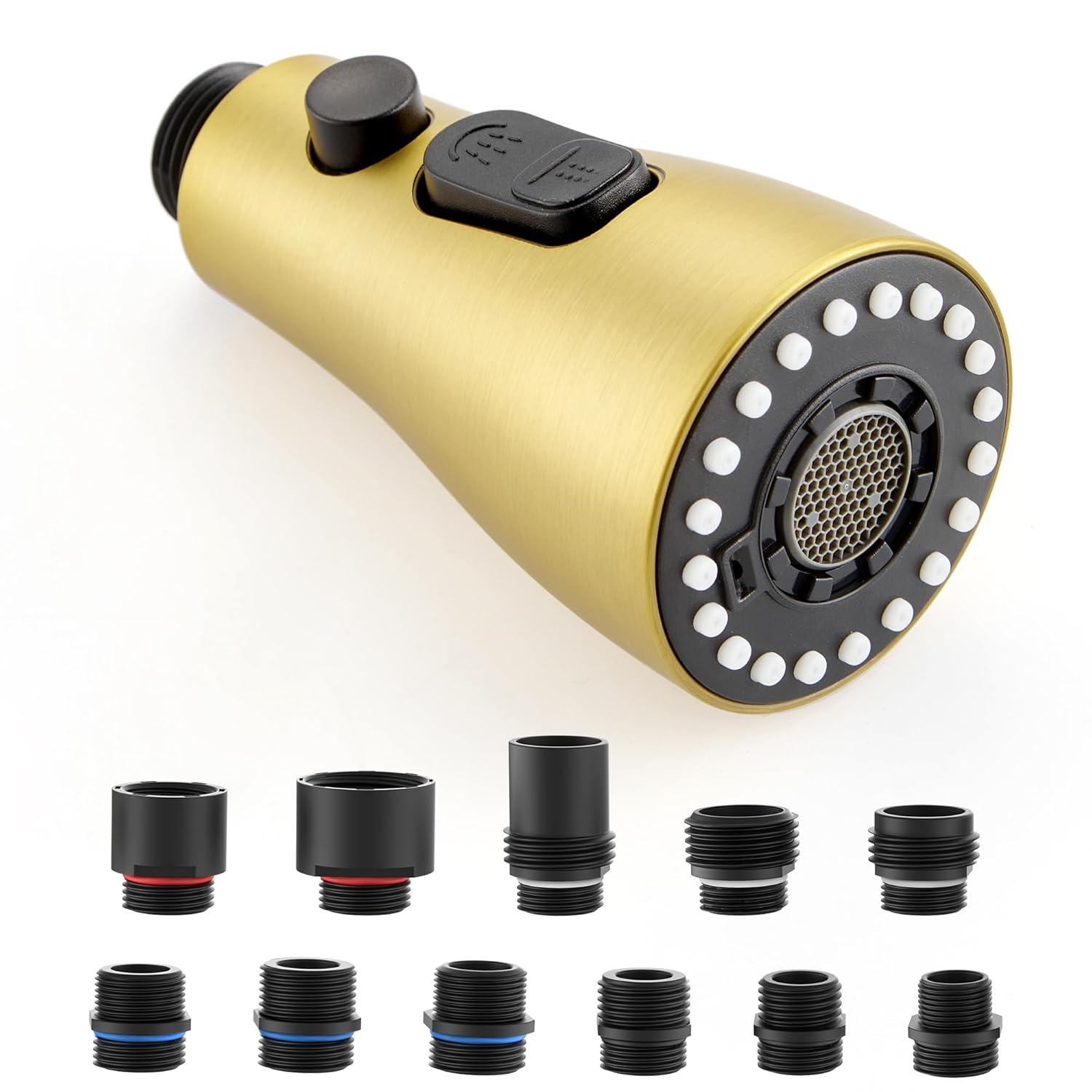 Kitchen Faucet Sprayer Head Replacement - Pull Down Faucet Spray Head with 11 Adapters, Pull Out Faucet Sprayer Nozzle, 3 Function Kitchen Tap Spray Spout Part Connector, Brushed Gold