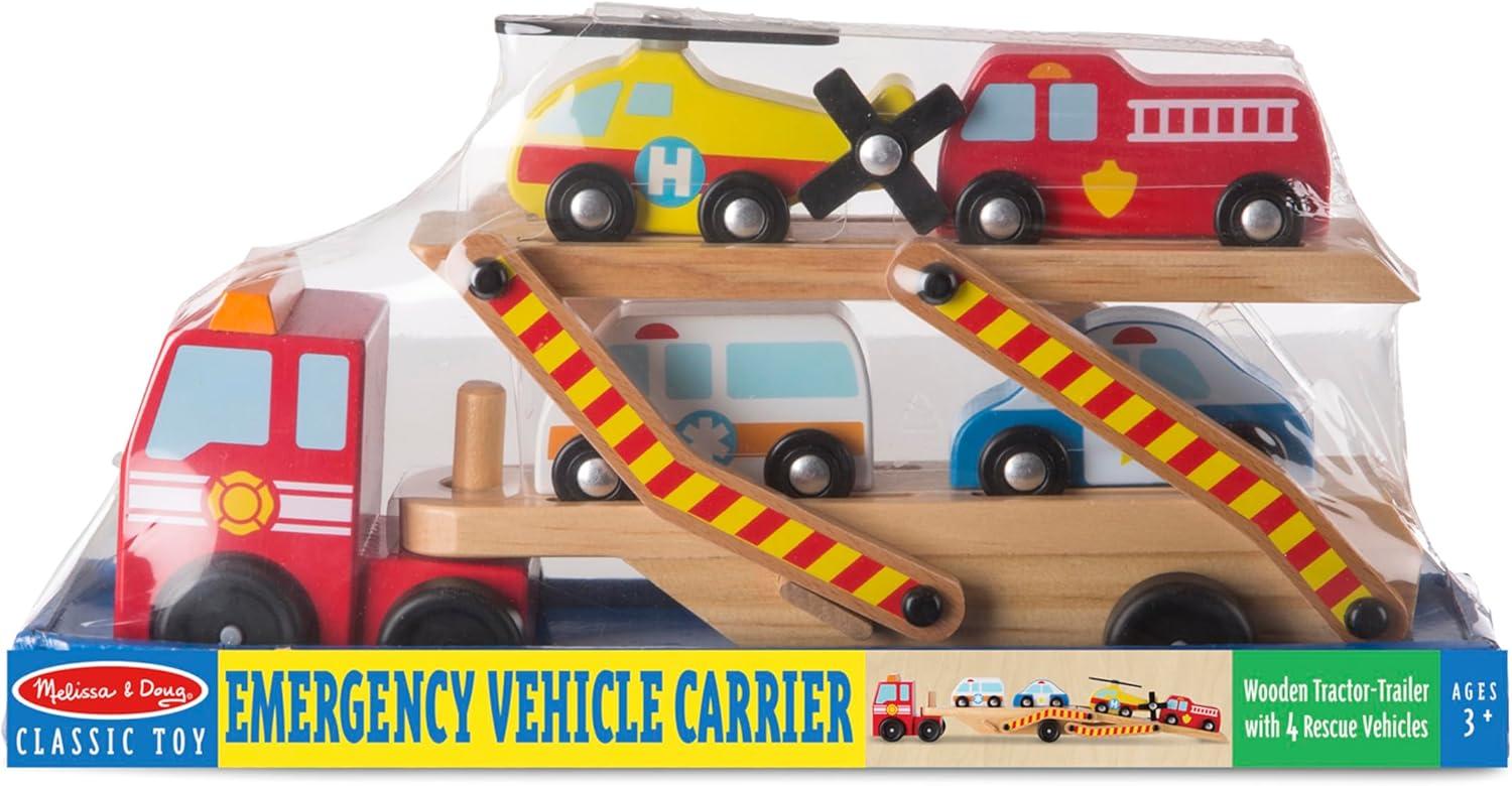 Melissa & Doug Emergency Vehicle Carrier Wooden Truck With 4 Rescue Vehicles