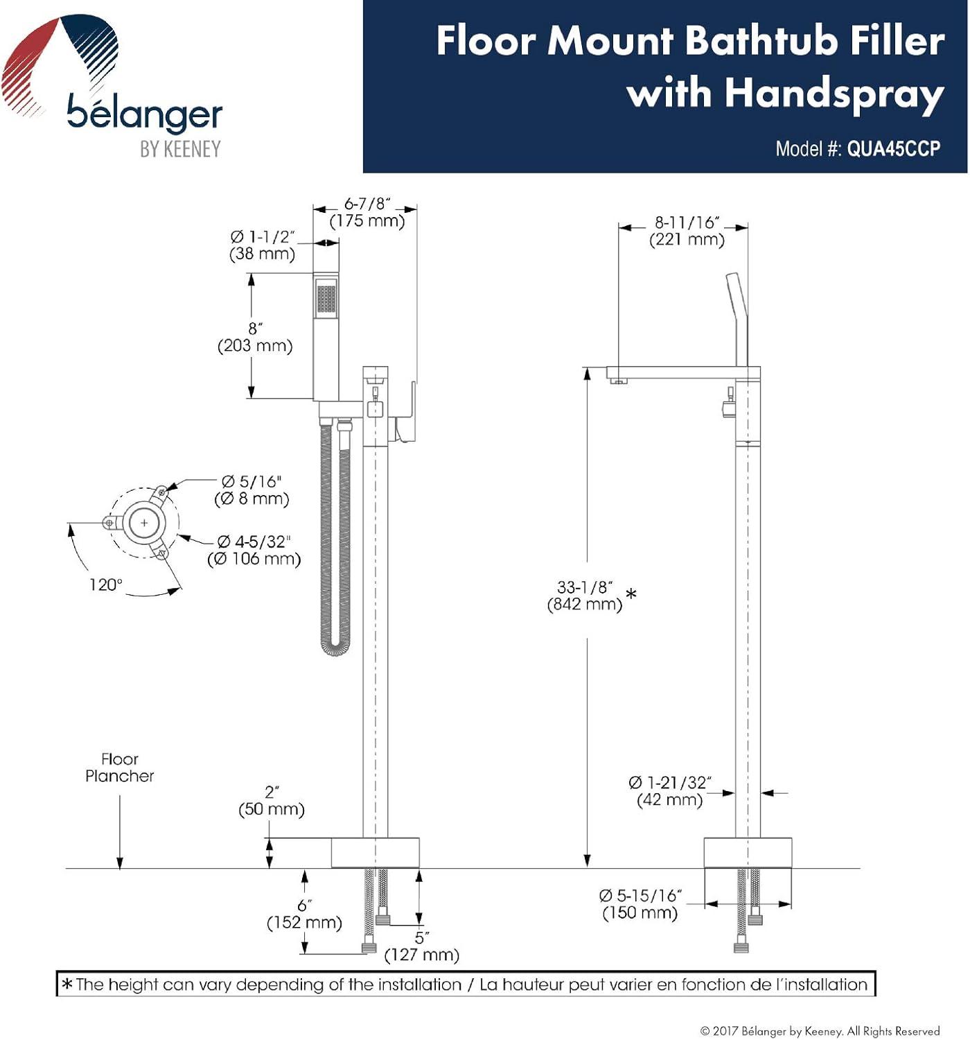 Belanger Floor-Mounted Free Standing Bathtub Faucet with Swivel Handheld Shower, Polished Chrome