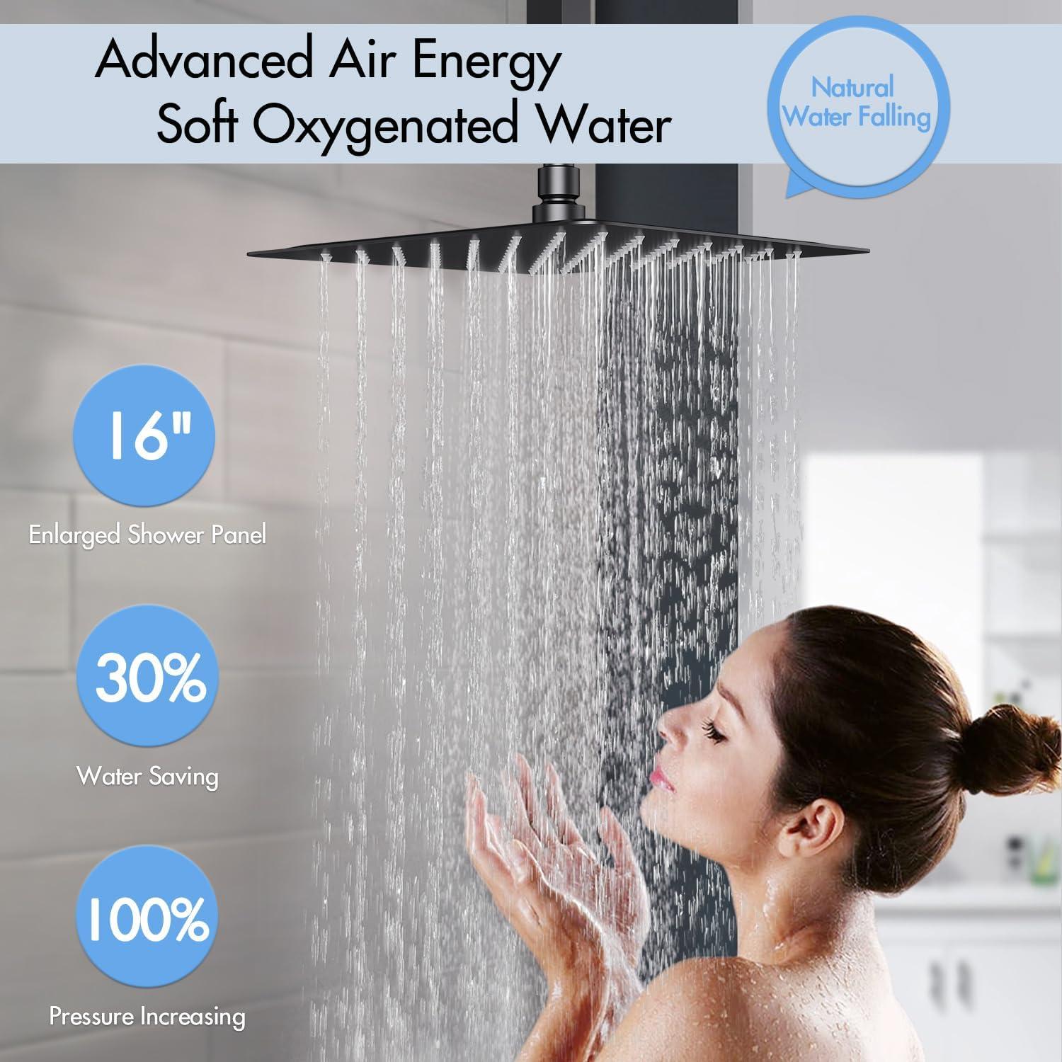 DualJetSpa 15-Spray Patterns 16" & 6" Dual Shower Head, Shower FaucetSystem with Thermostatic Rough-in Valve and Body Jets