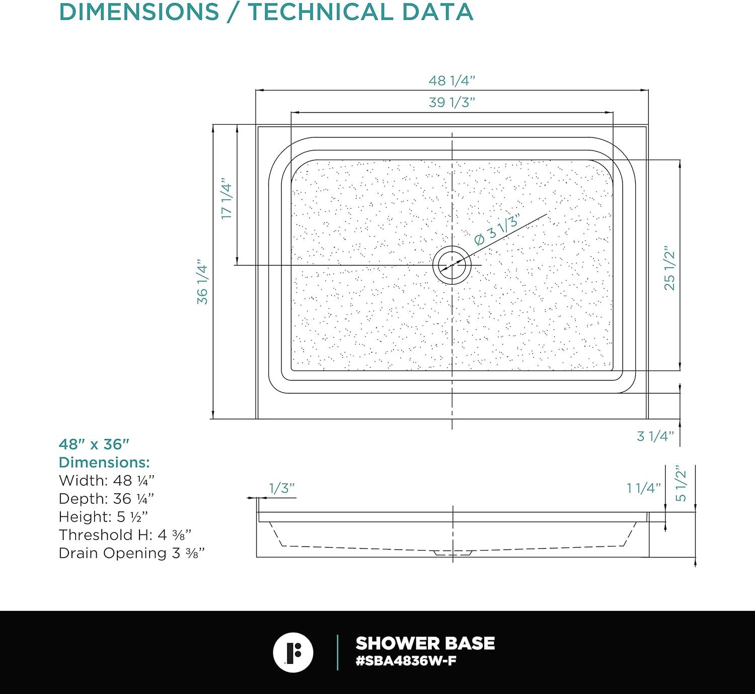 48" W x 36" D Single Shower Base